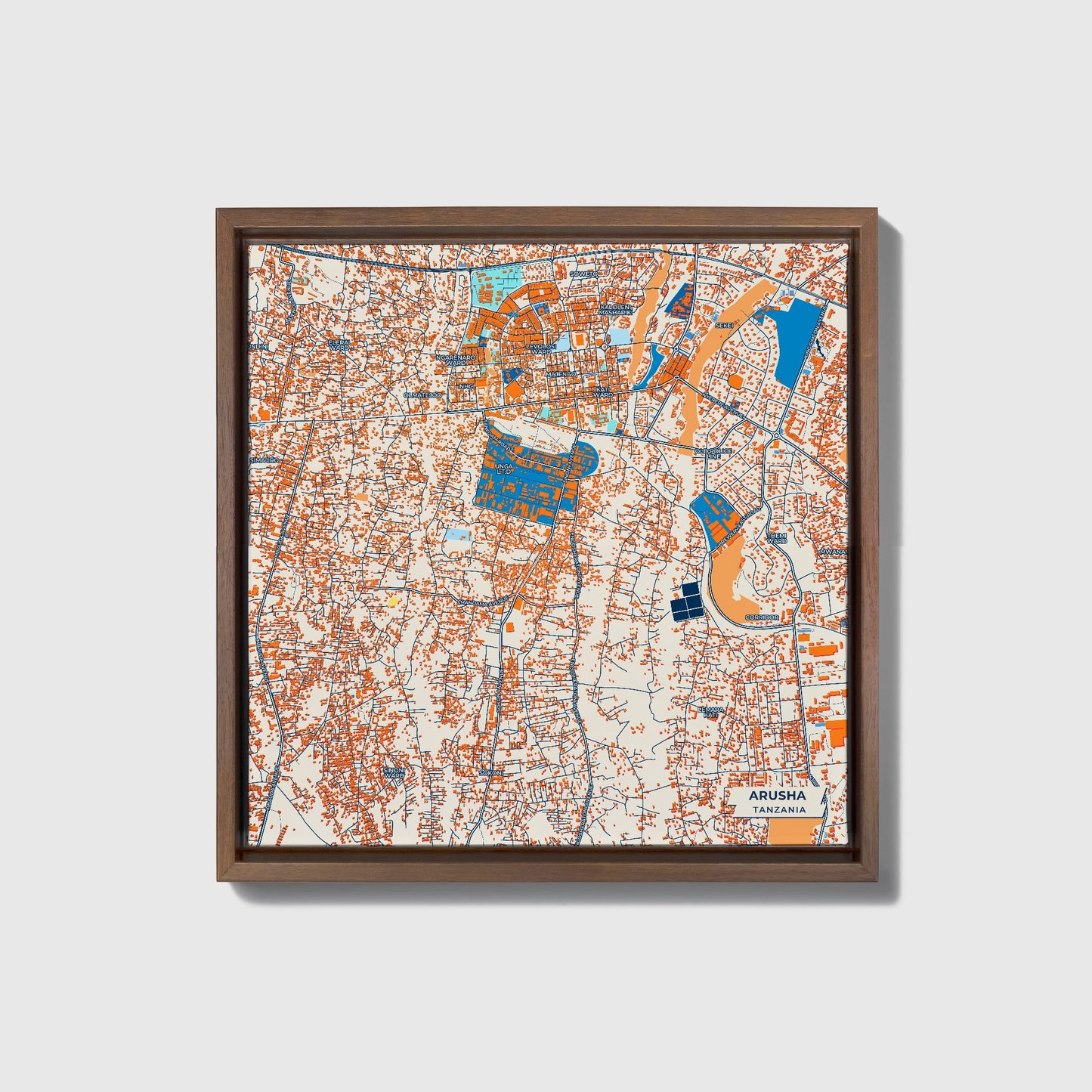 Arusha Tanzania Colorful City Map Canvas Print • Dark Wooden Framed