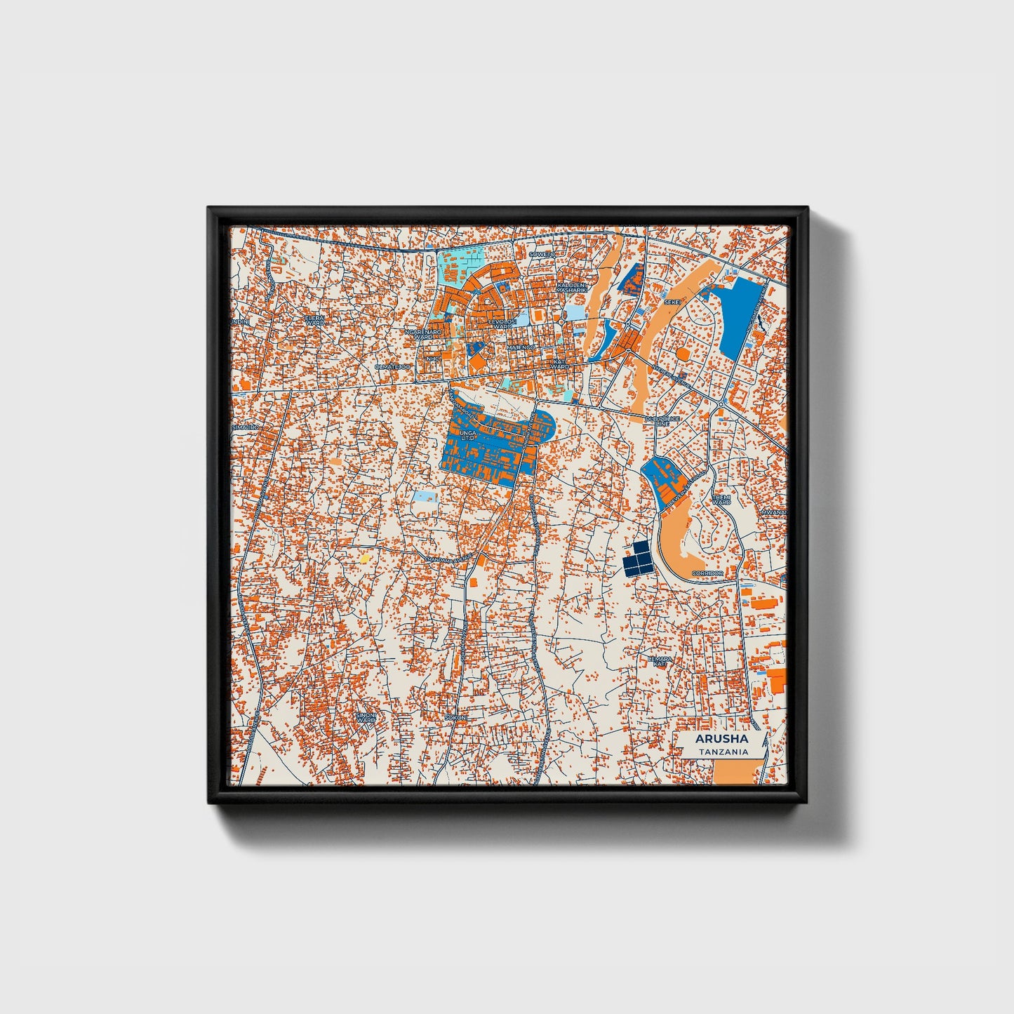 Arusha Tanzania Colorful City Map Canvas Print • Black Framed