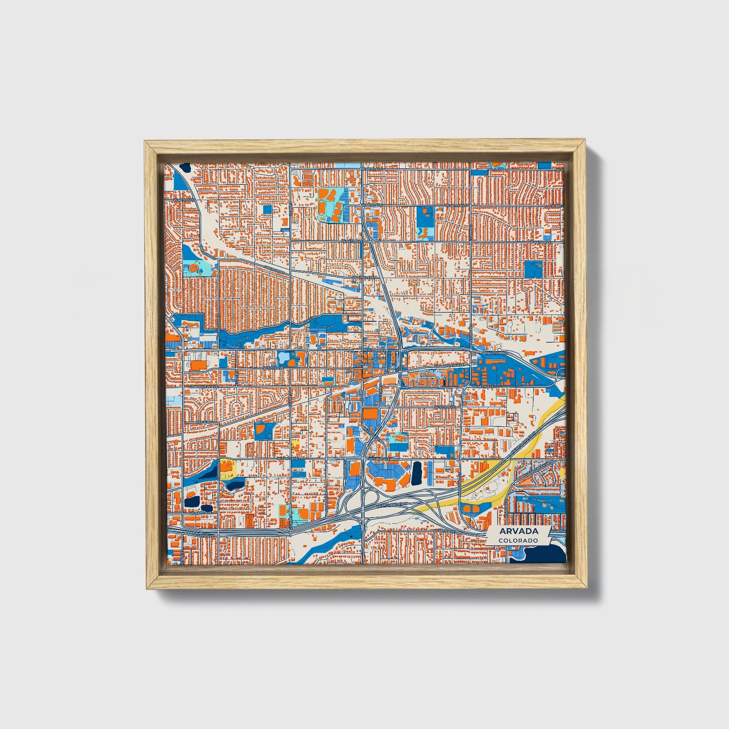 Arvada Colorado Colorful City Map Canvas Print • Natural Wooden Framed