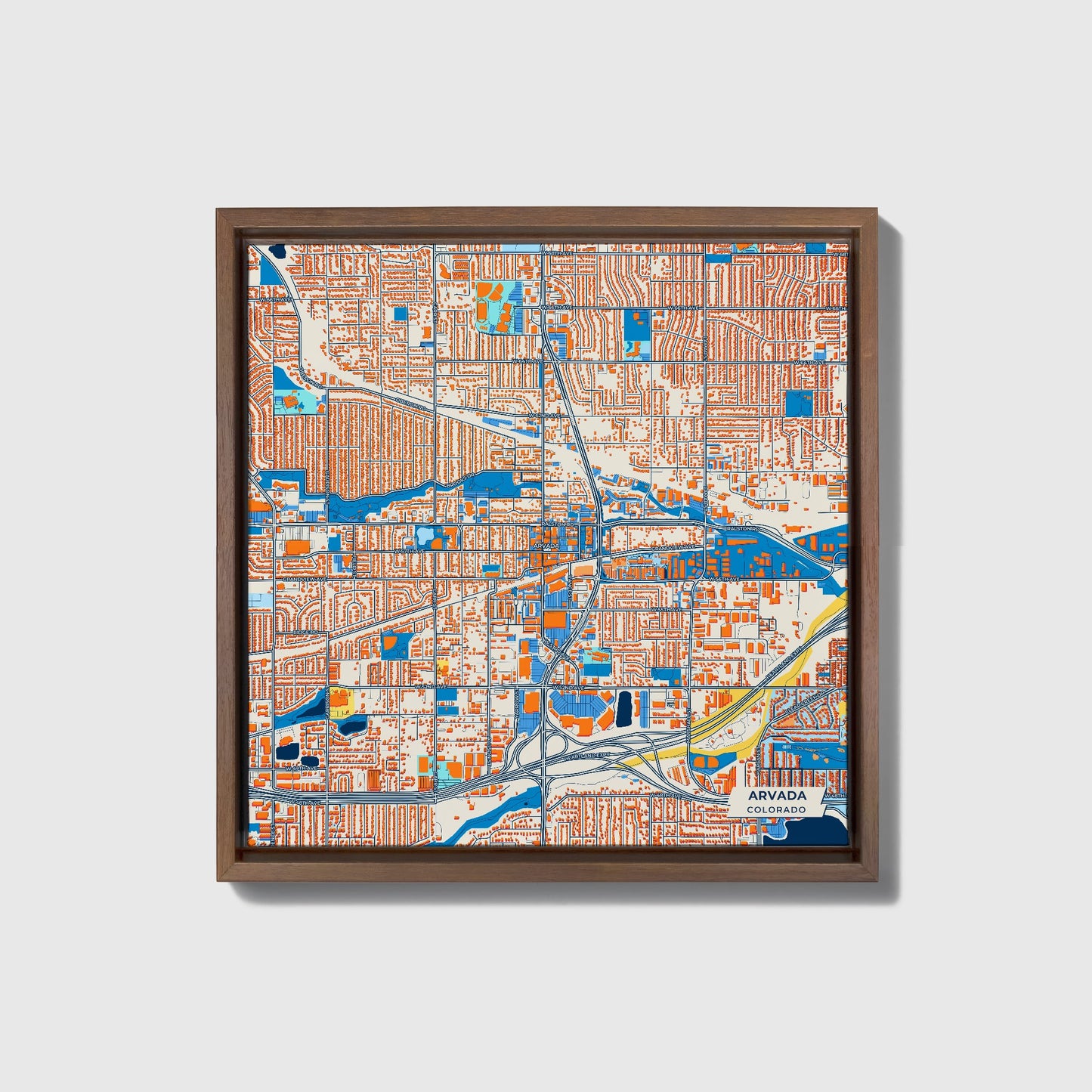 Arvada Colorado Colorful City Map Canvas Print • Dark Wooden Framed