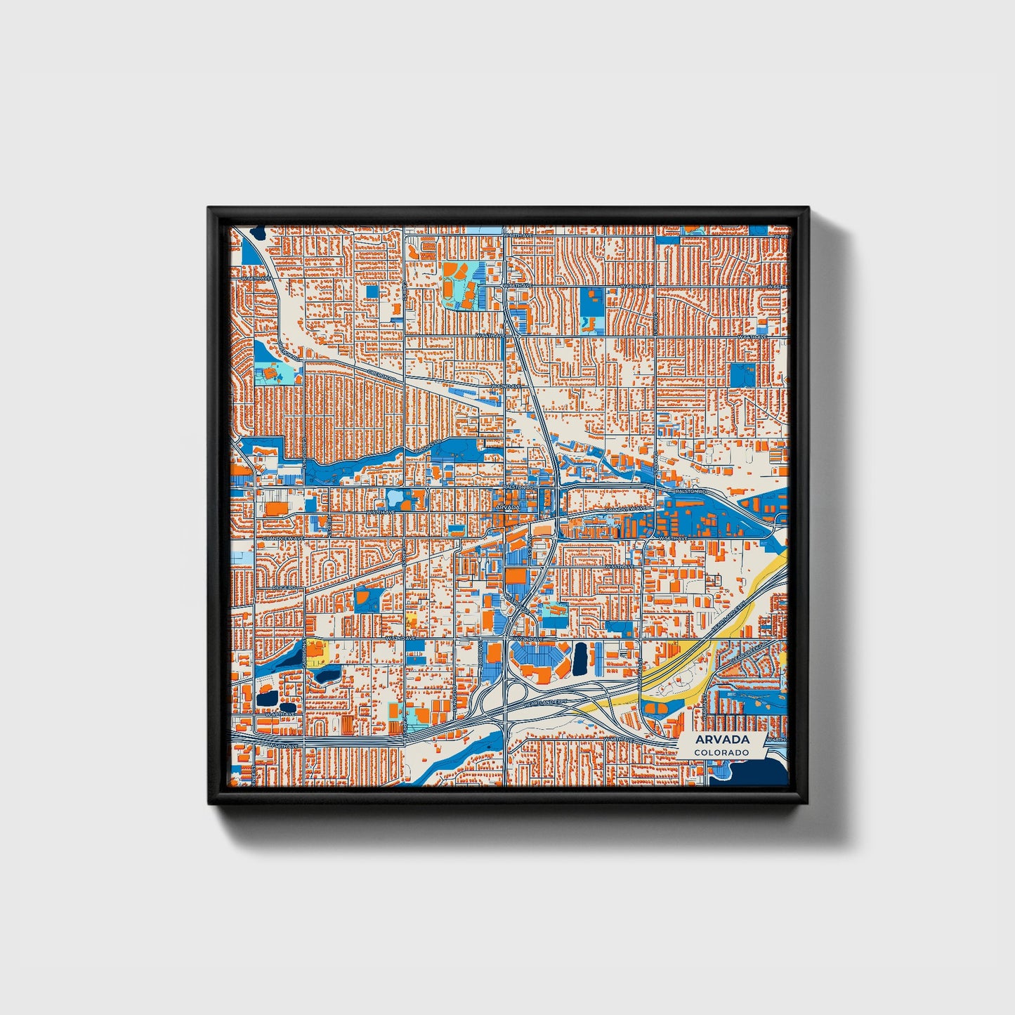 Arvada Colorado Colorful City Map Canvas Print • Black Framed