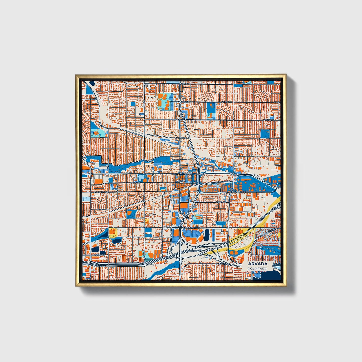 Arvada Colorado Colorful City Map Canvas Print • Gold Framed