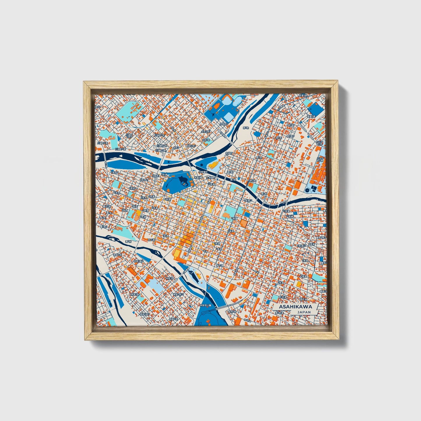 Asahikawa Japan Colorful City Map Canvas Print • Natural Wooden Framed