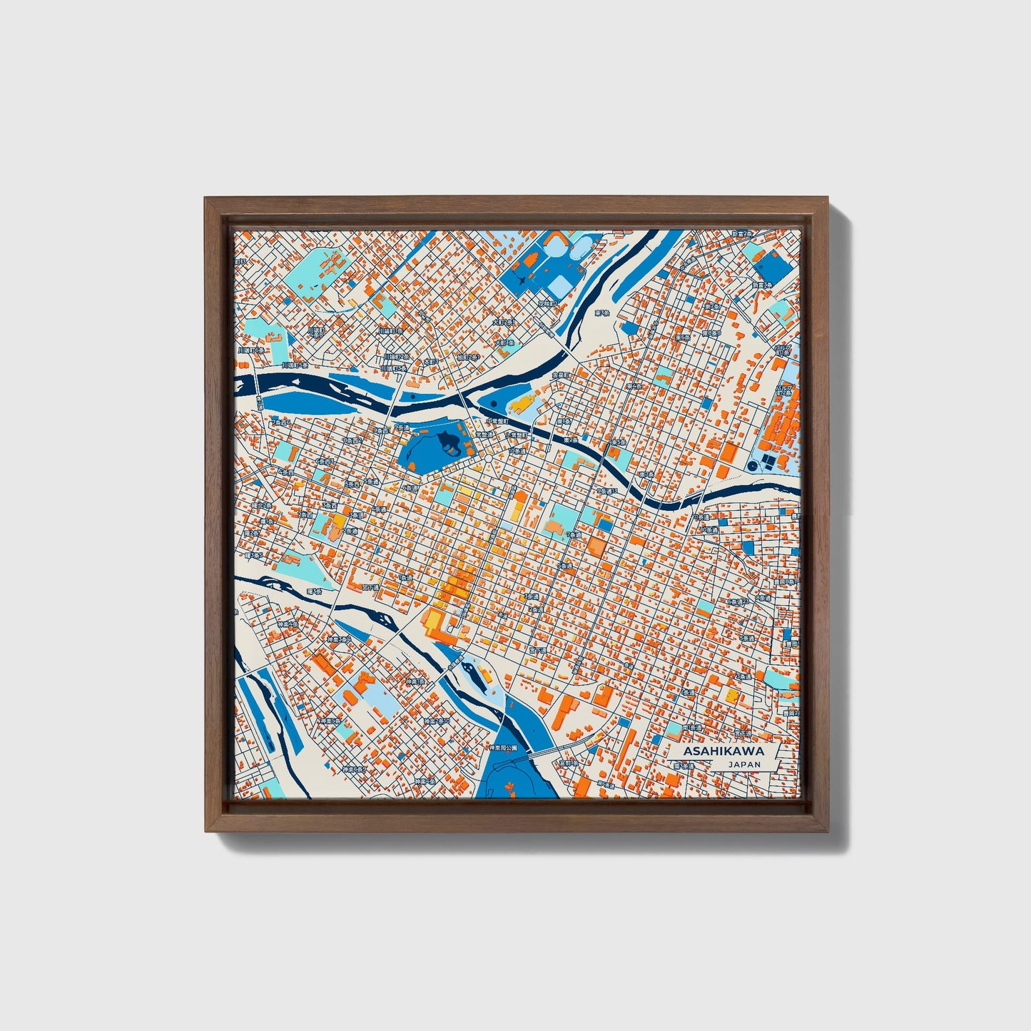 Asahikawa Japan Colorful City Map Canvas Print • Dark Wooden Framed