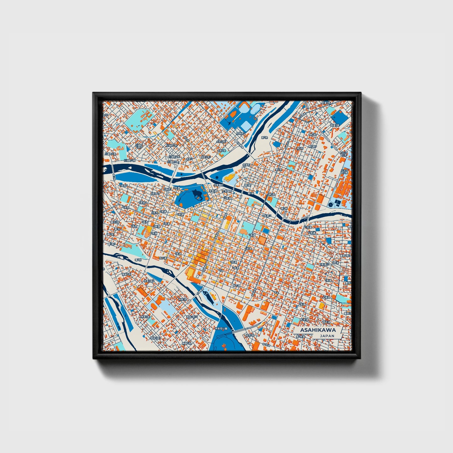 Asahikawa Japan Colorful City Map Canvas Print • Black Framed