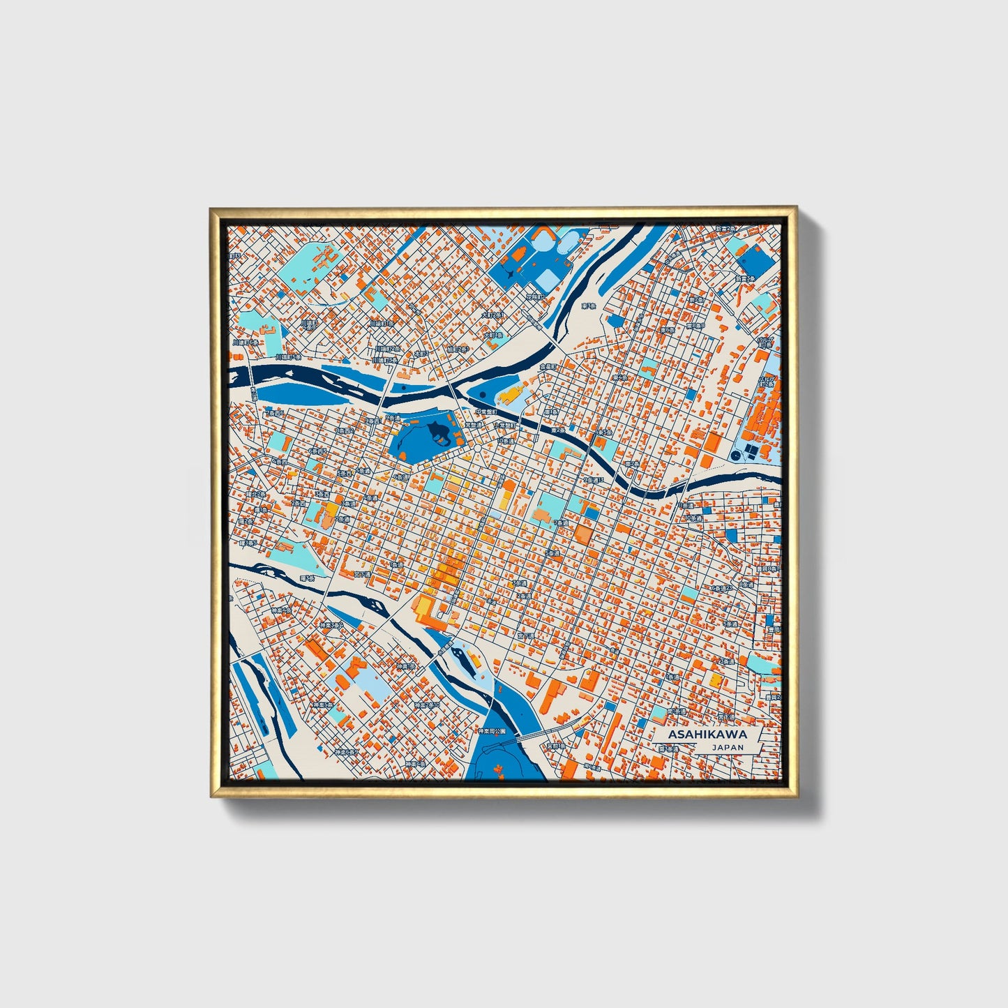 Asahikawa Japan Colorful City Map Canvas Print • Gold Framed