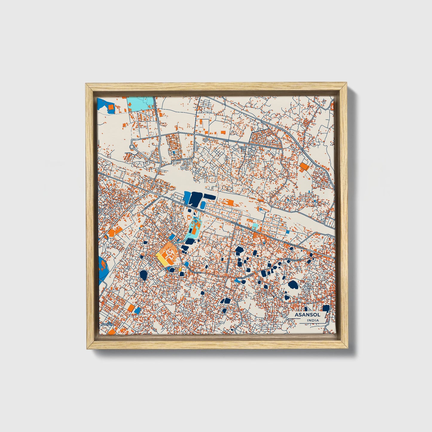 Asansol India Colorful City Map Canvas Print • Natural Wooden Framed