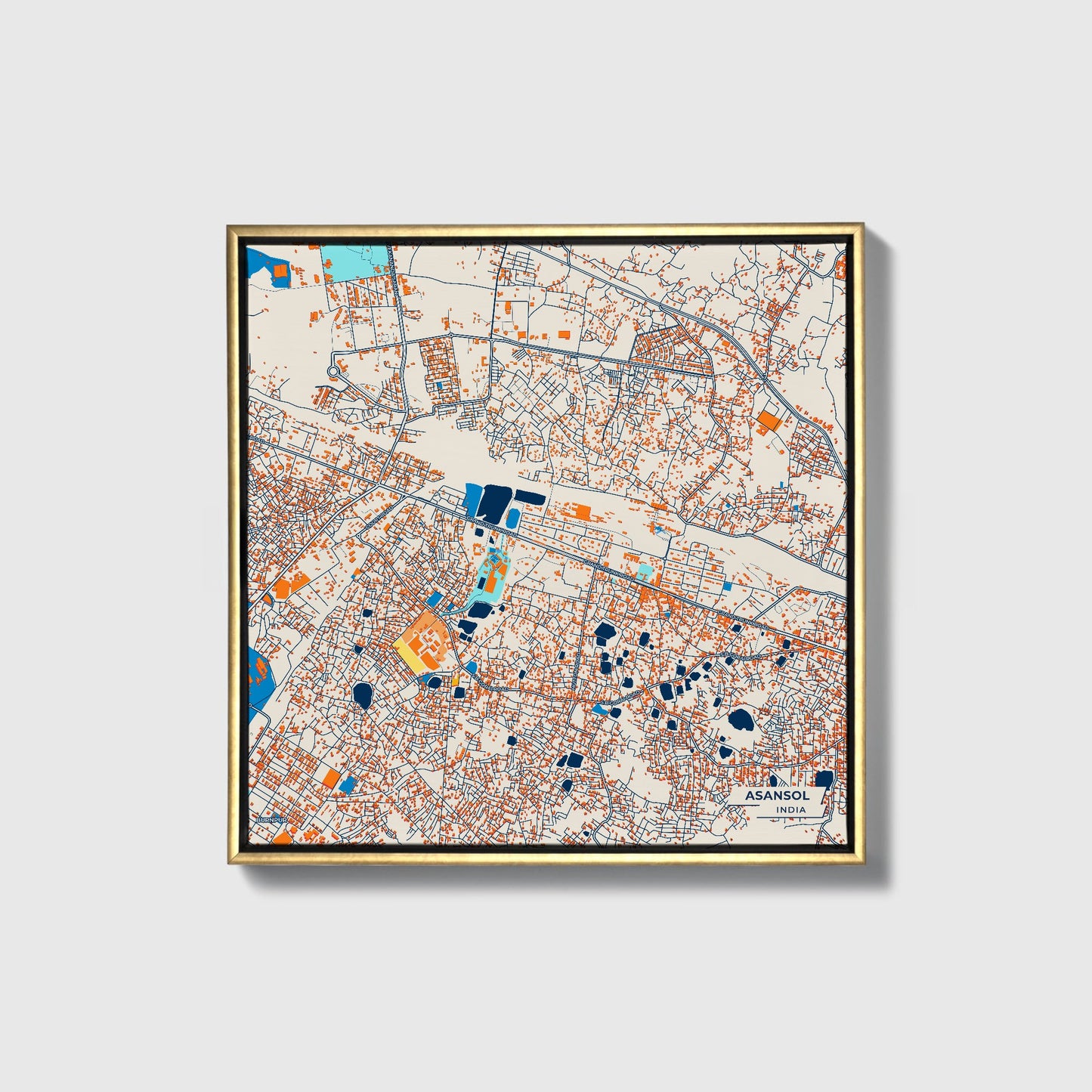 Asansol India Colorful City Map Canvas Print • Gold Framed