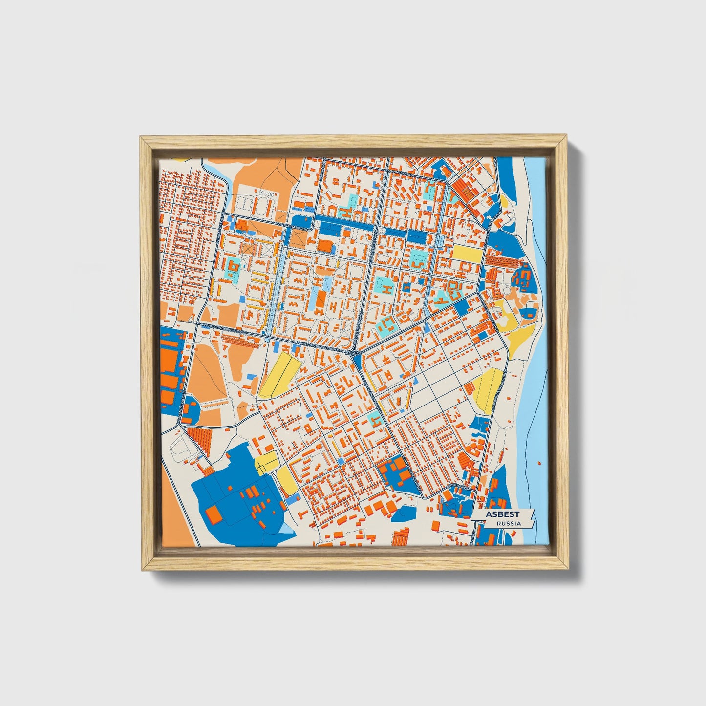 Asbest Russia Colorful City Map Canvas Print • Natural Wooden Framed