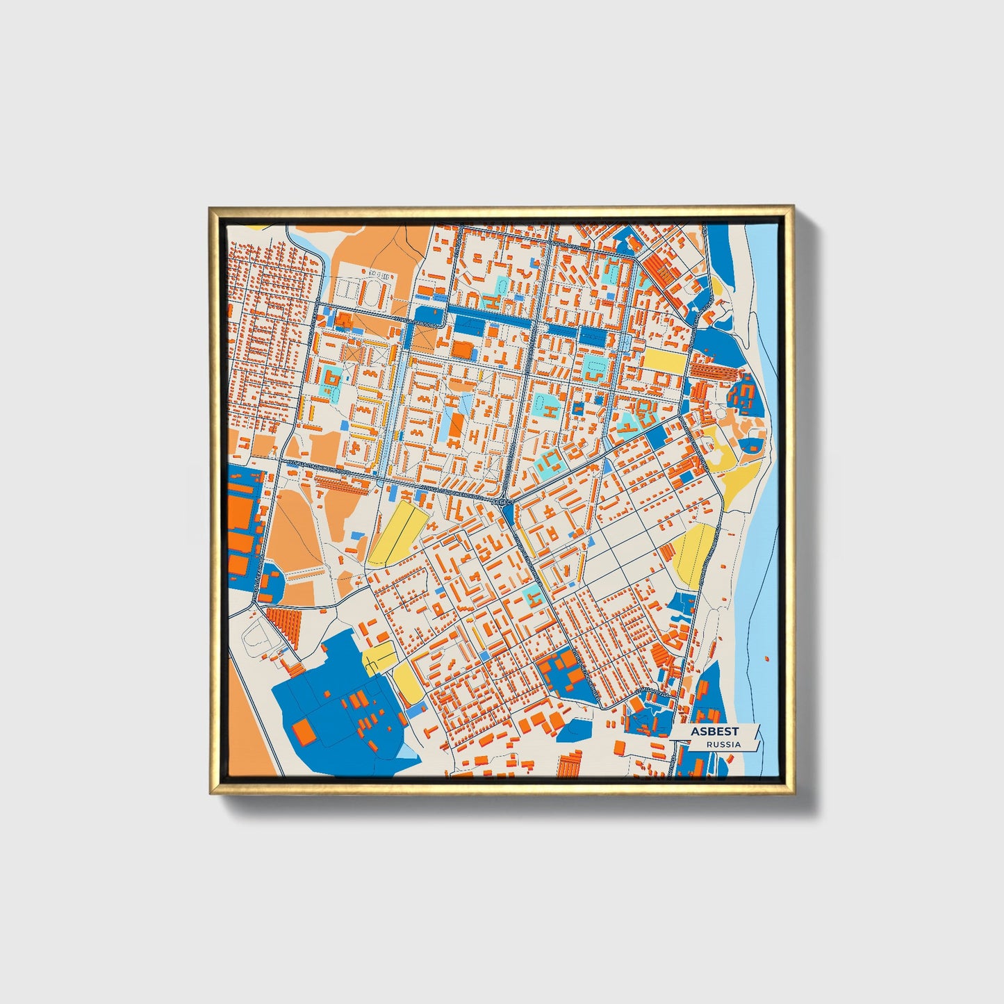 Asbest Russia Colorful City Map Canvas Print • Gold Framed