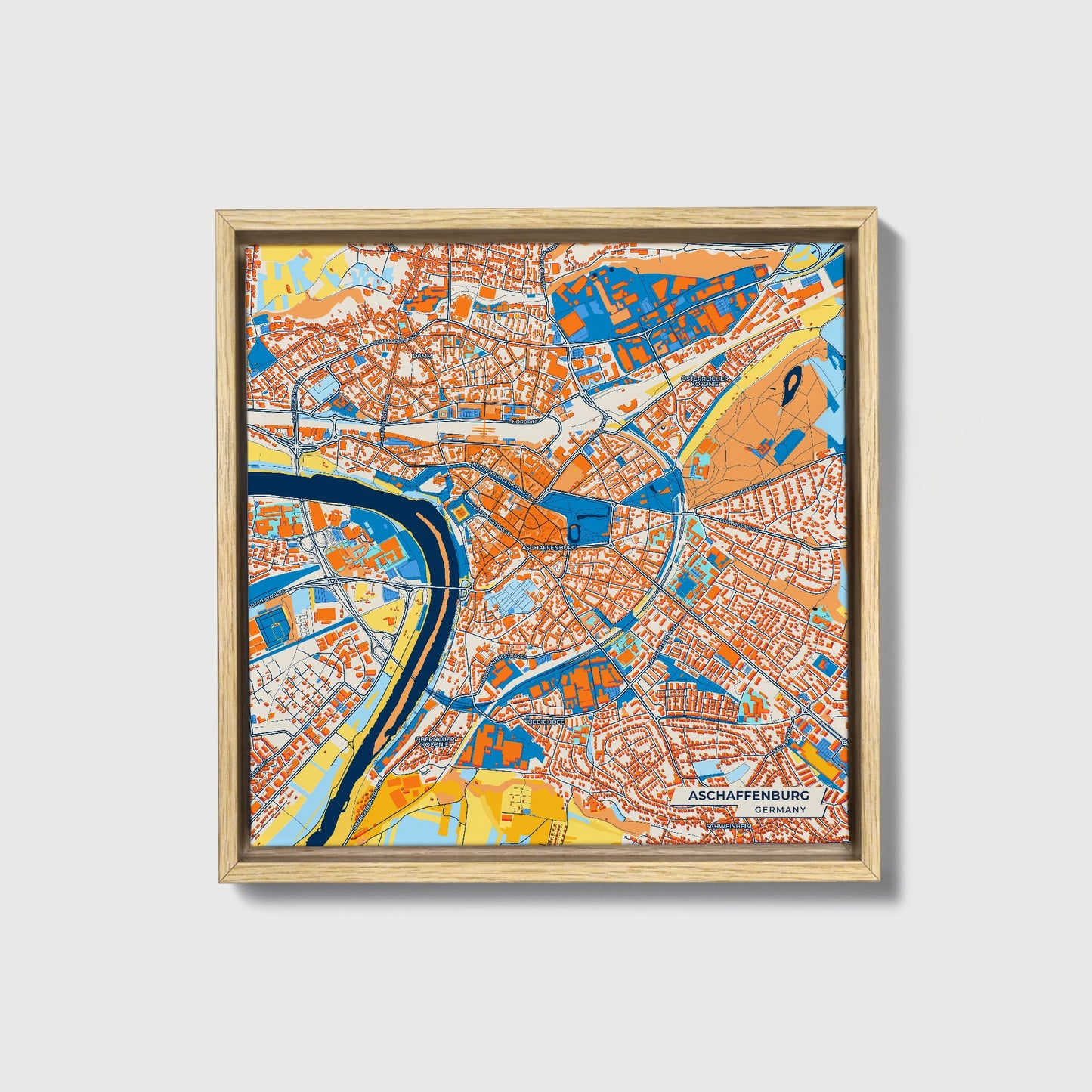 Aschaffenburg Germany Colorful City Map Canvas Print • Natural Wooden Framed