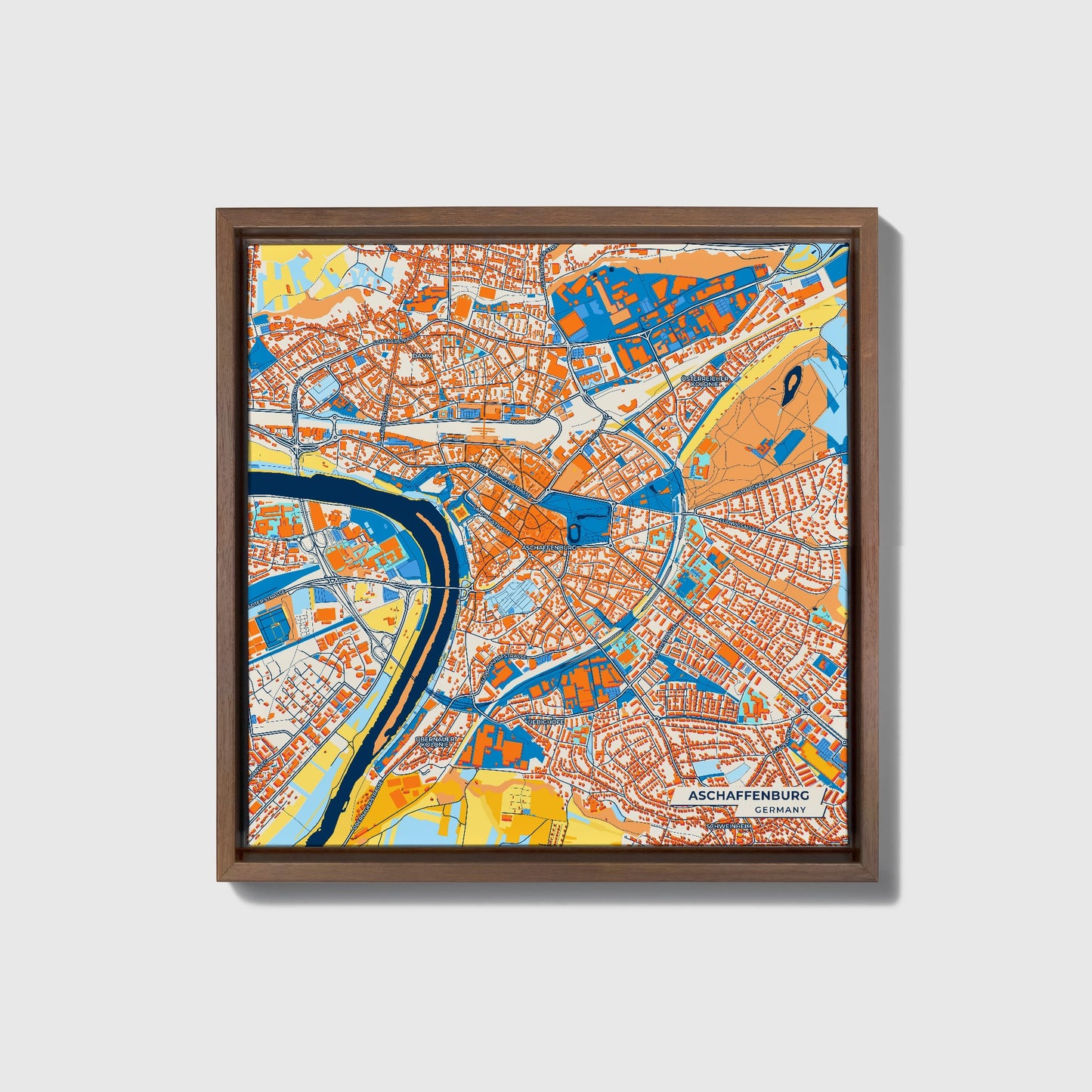 Aschaffenburg Germany Colorful City Map Canvas Print • Dark Wooden Framed