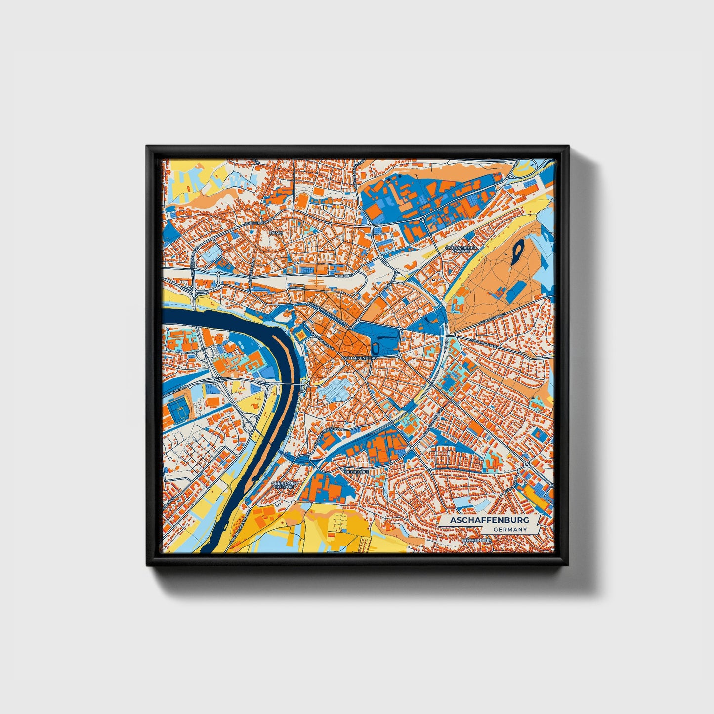 Aschaffenburg Germany Colorful City Map Canvas Print • Black Framed