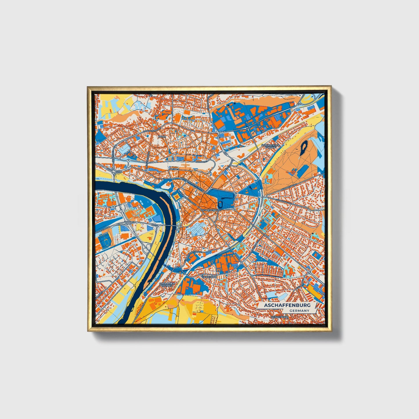 Aschaffenburg Germany Colorful City Map Canvas Print • Gold Framed