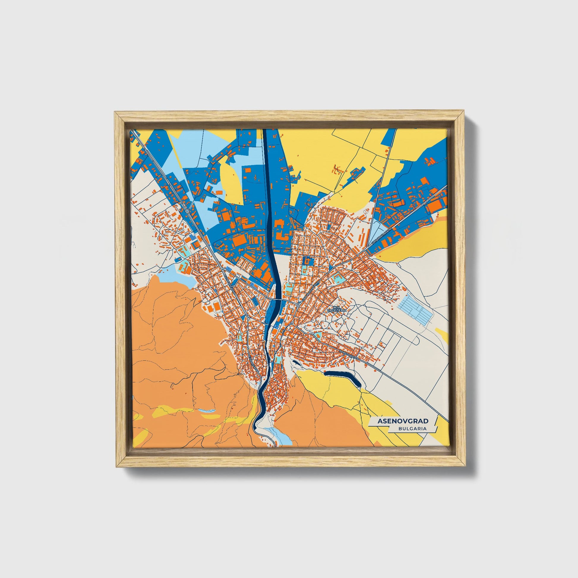 Асеновград Bulgaria Colorful City Map Canvas Print • Natural Wooden Framed