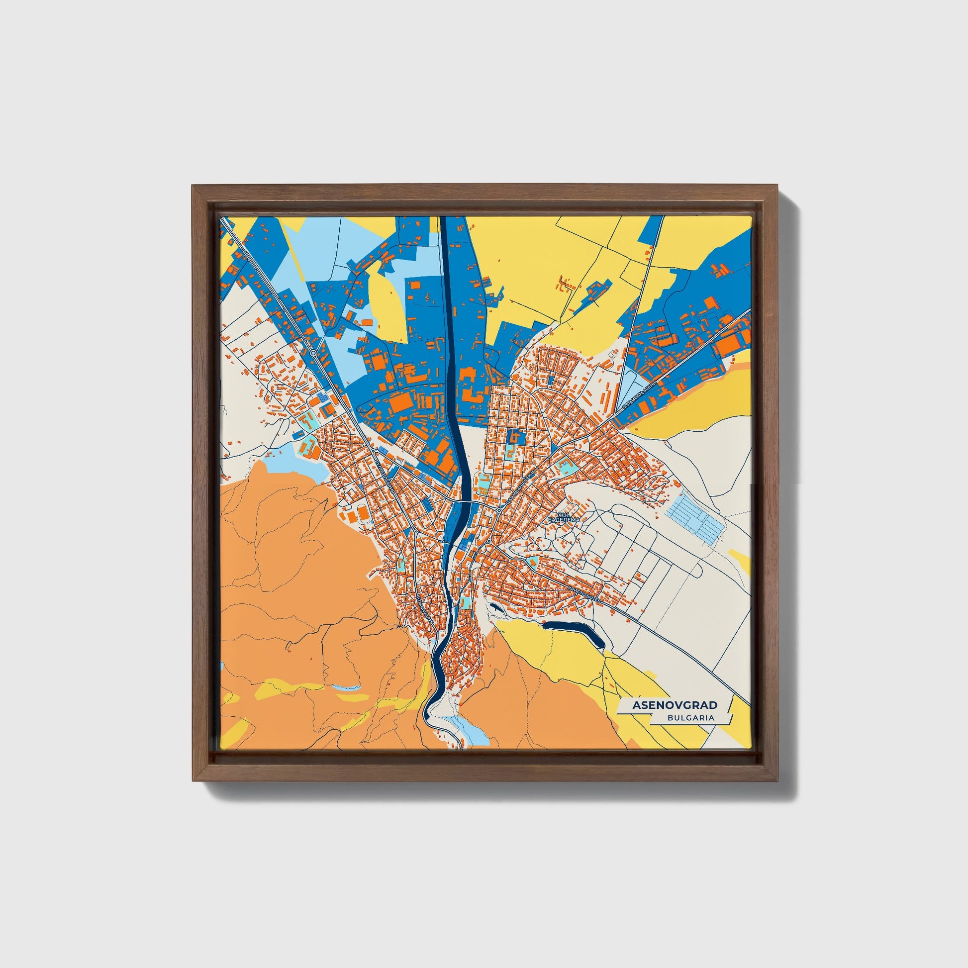 Асеновград Bulgaria Colorful City Map Canvas Print • Dark Wooden Framed