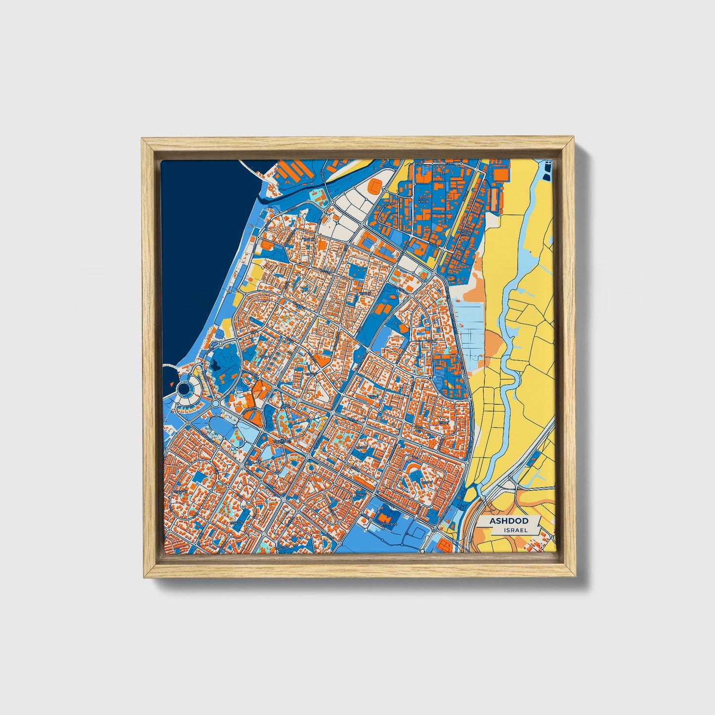 Ashdod Israel Colorful City Map Canvas Print • Natural Wooden Framed
