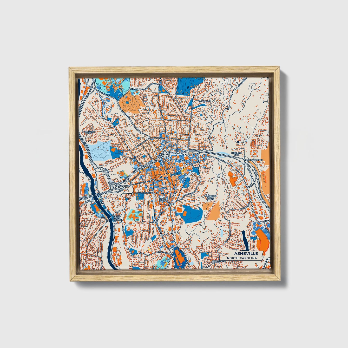 Asheville North Carolina Colorful City Map Canvas Print • Natural Wooden Framed