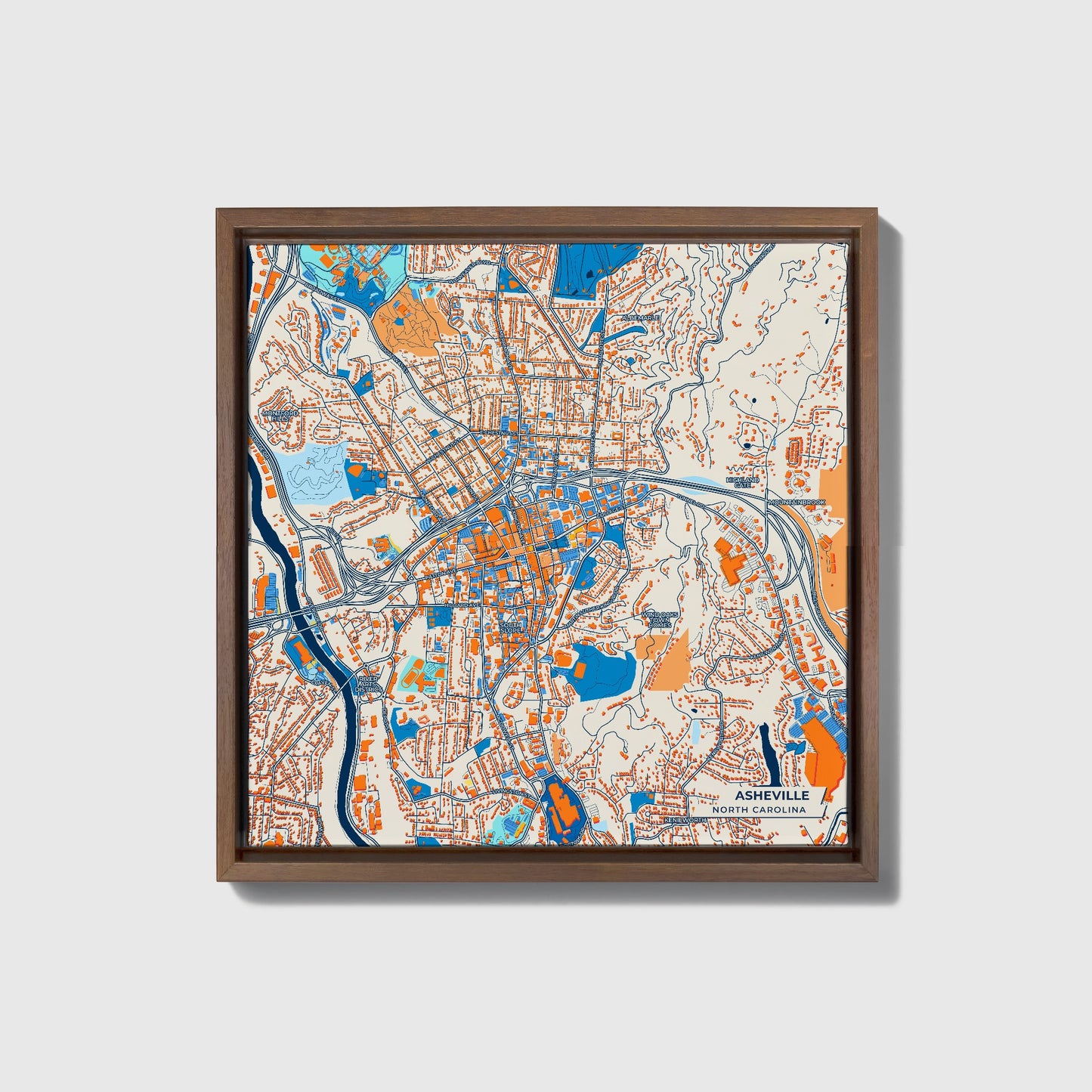 Asheville North Carolina Colorful City Map Canvas Print • Dark Wooden Framed