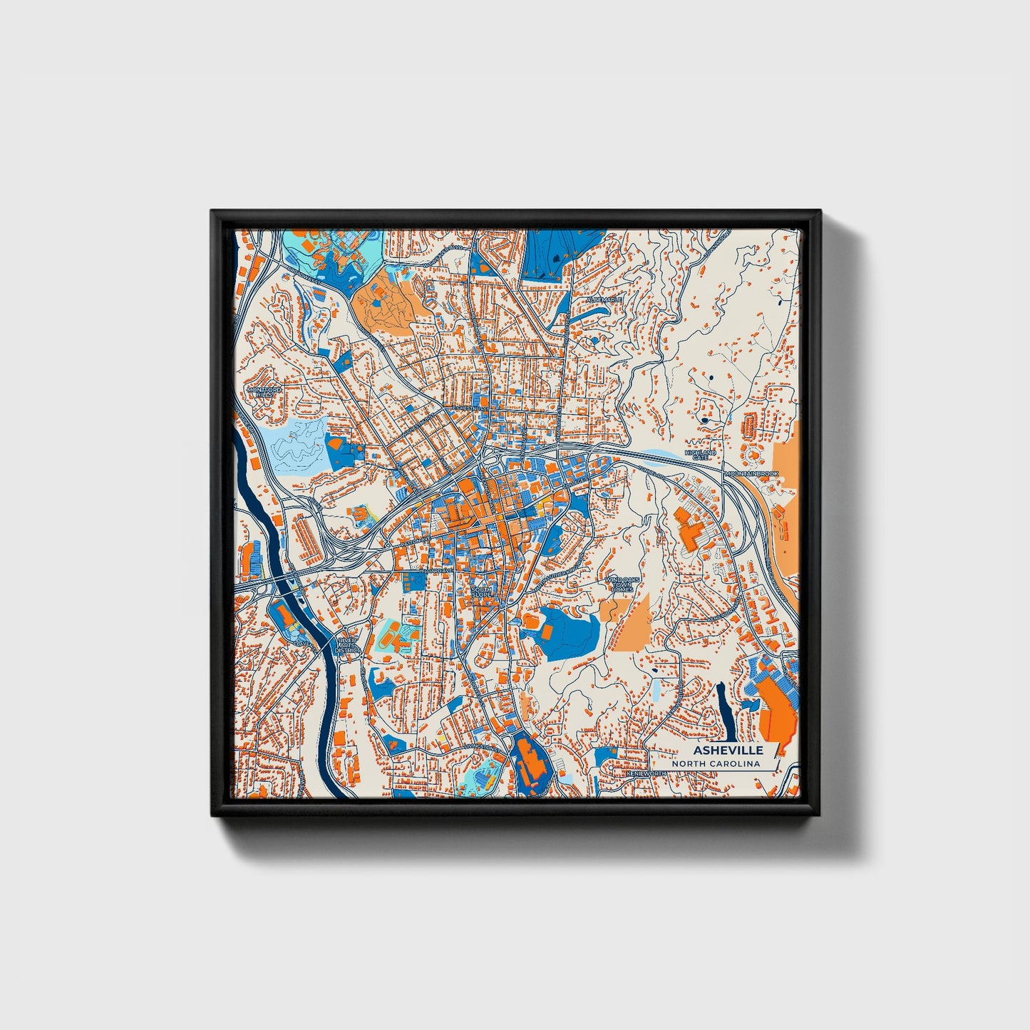 Asheville North Carolina Colorful City Map Canvas Print • Black Framed