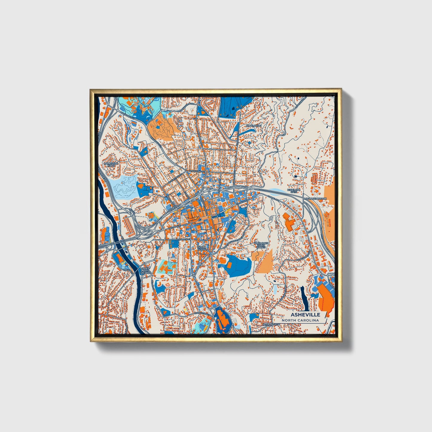 Asheville North Carolina Colorful City Map Canvas Print • Gold Framed