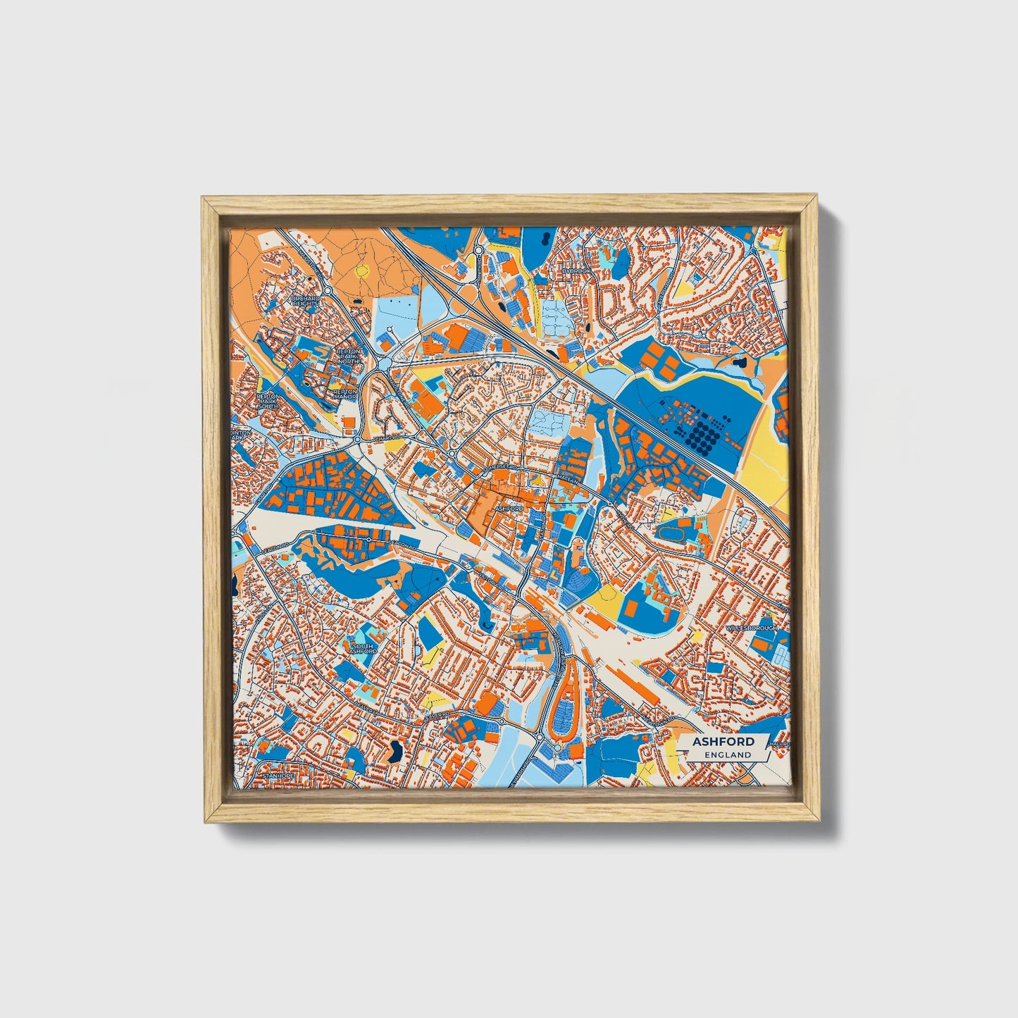 Ashford England Colorful City Map Canvas Print • Natural Wooden Framed
