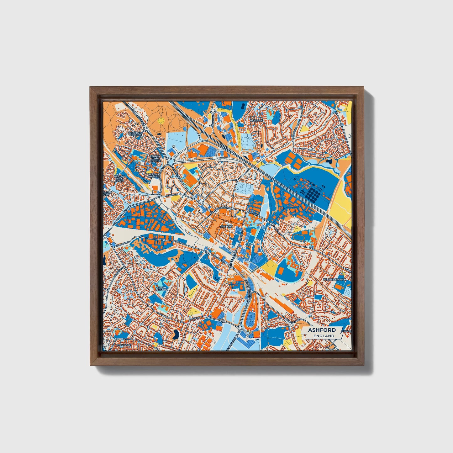 Ashford England Colorful City Map Canvas Print • Dark Wooden Framed