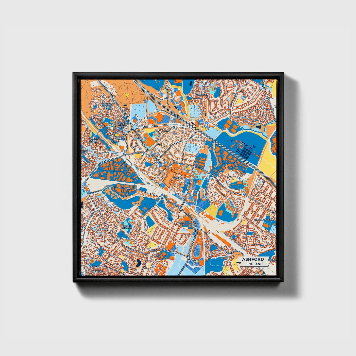Ashford England Colorful City Map Canvas Print • Black Framed