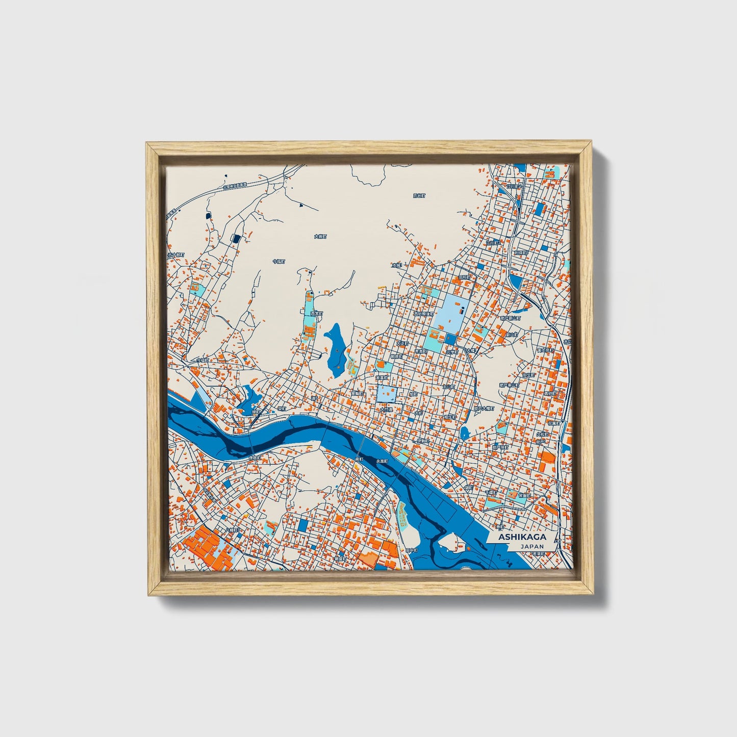 Ashikaga Japan Colorful City Map Canvas Print • Natural Wooden Framed