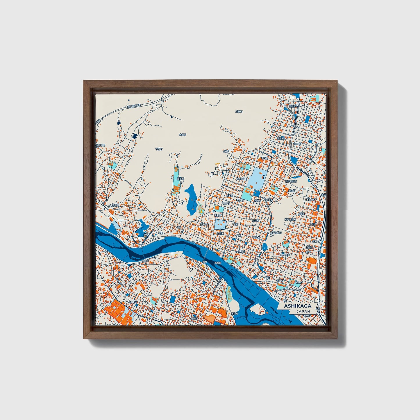 Ashikaga Japan Colorful City Map Canvas Print • Dark Wooden Framed