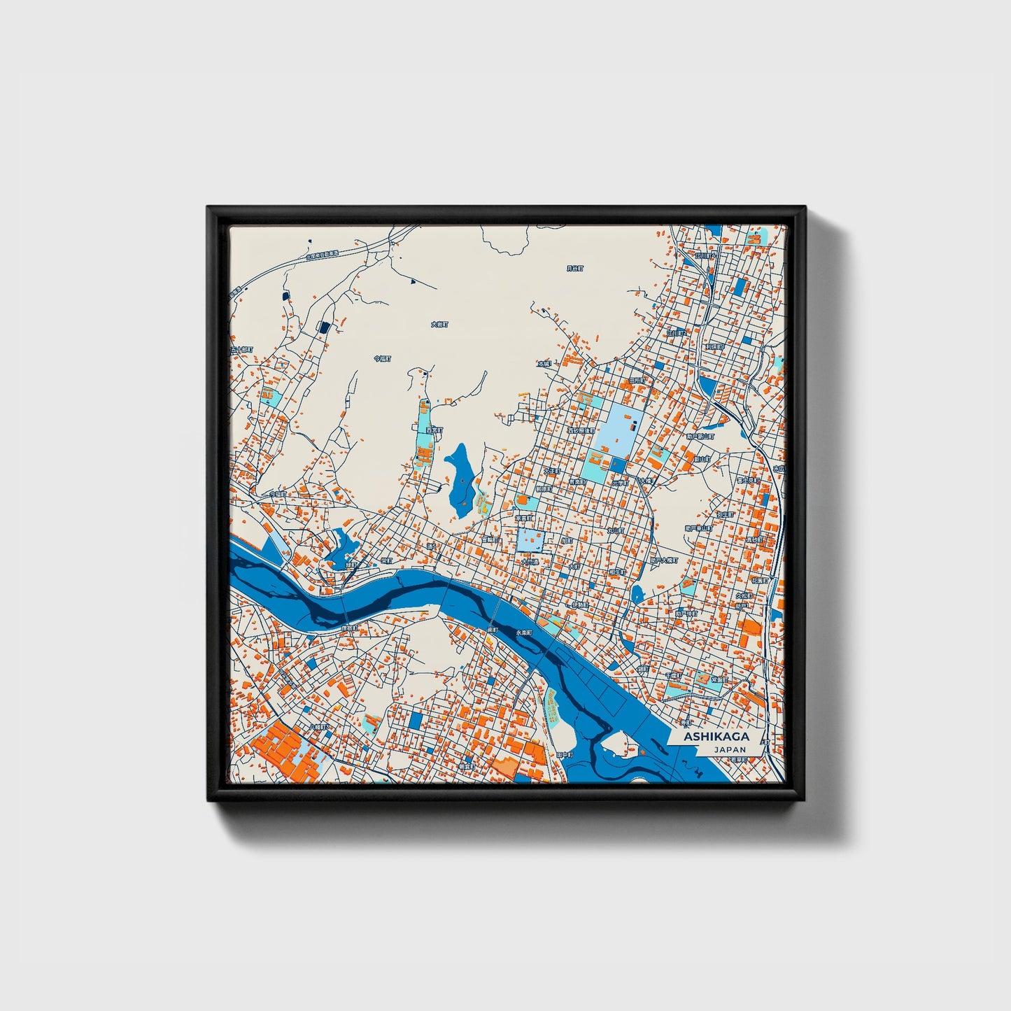 Ashikaga Japan Colorful City Map Canvas Print • Black Framed