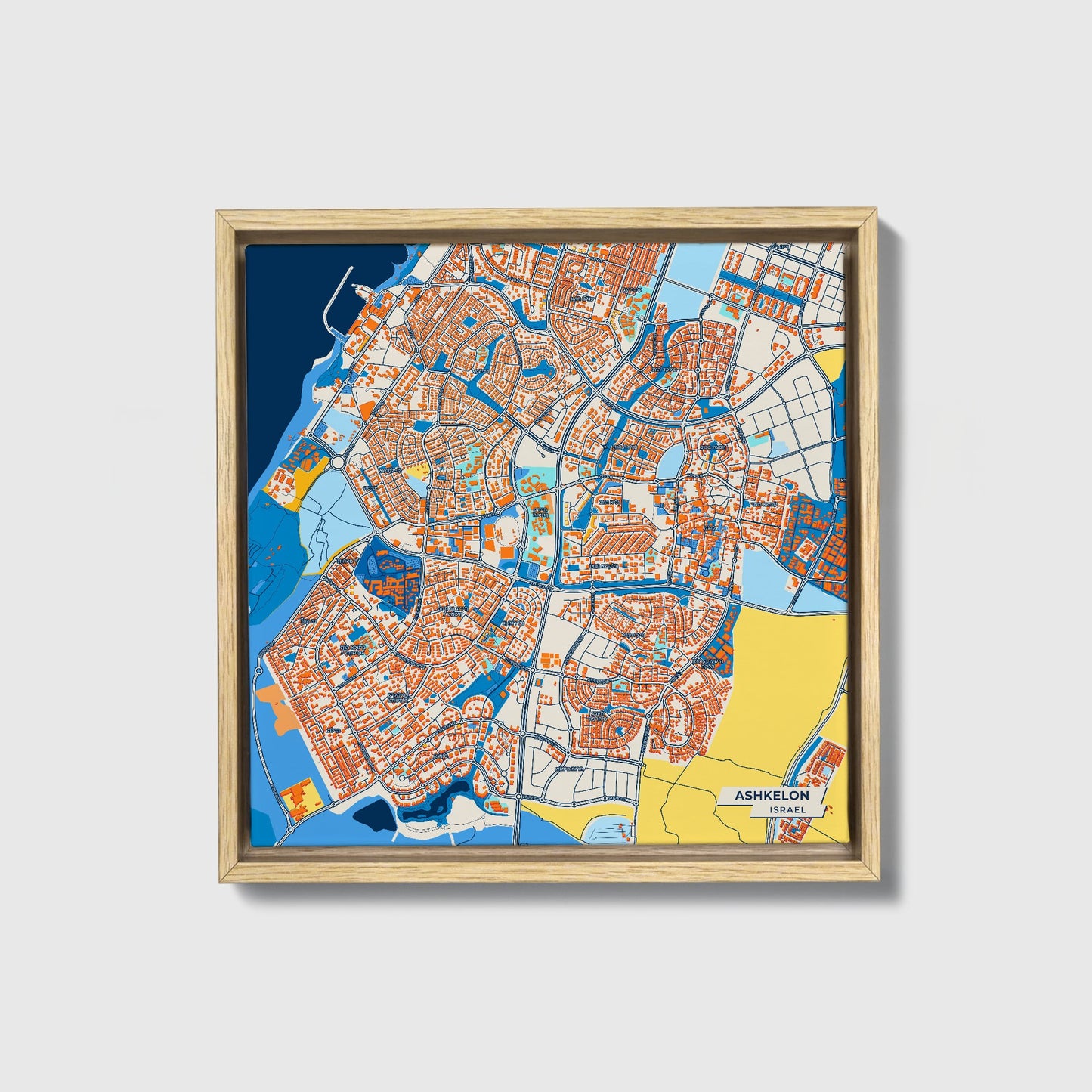 Ashkelon Israel Colorful City Map Canvas Print • Natural Wooden Framed