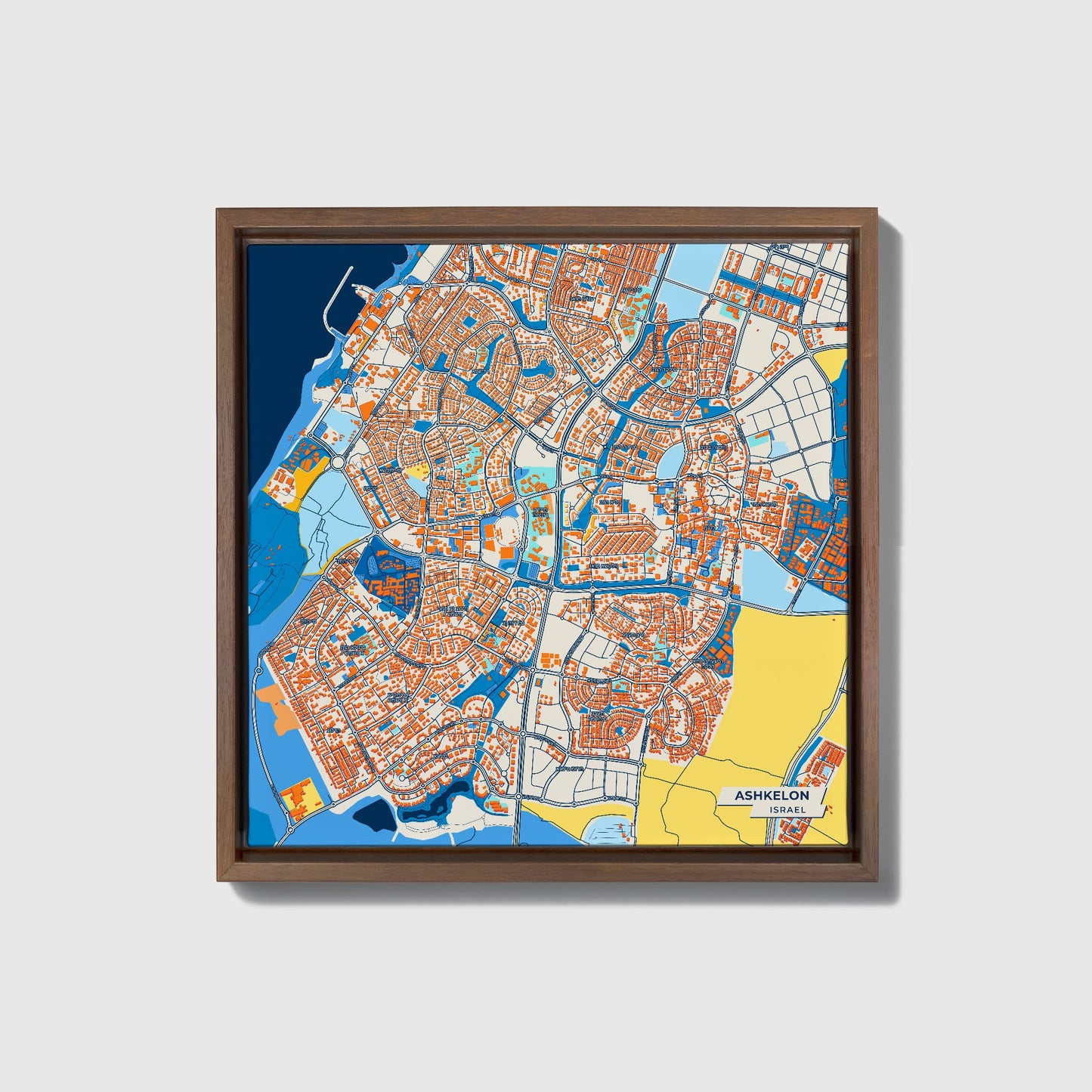 Ashkelon Israel Colorful City Map Canvas Print • Dark Wooden Framed