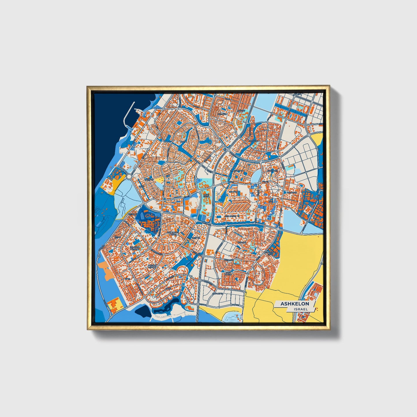 Ashkelon Israel Colorful City Map Canvas Print • Gold Framed
