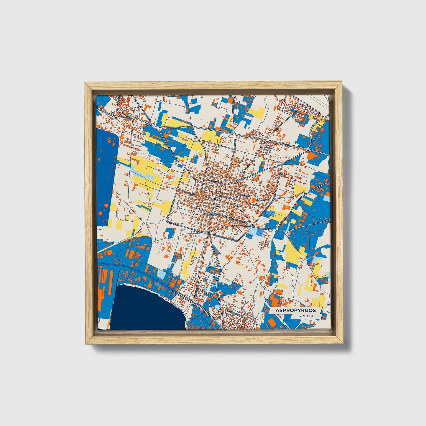 Ασπροπυργος Greece Colorful City Map Canvas Print • Natural Wooden Framed