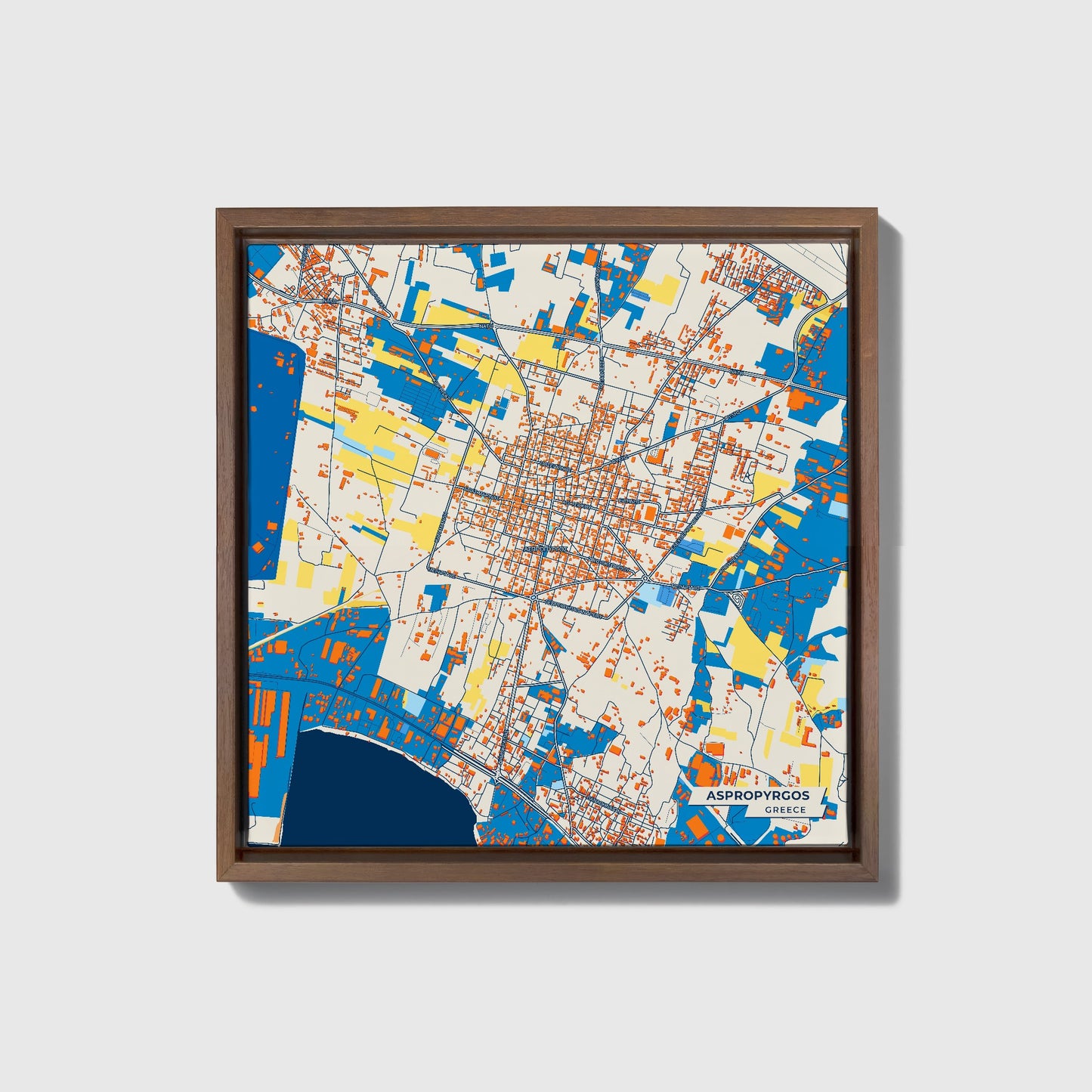 Ασπροπυργος Greece Colorful City Map Canvas Print • Dark Wooden Framed
