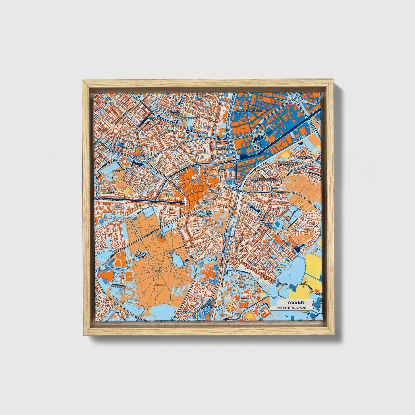 Assen Netherlands Colorful City Map Canvas Print • Natural Wooden Framed