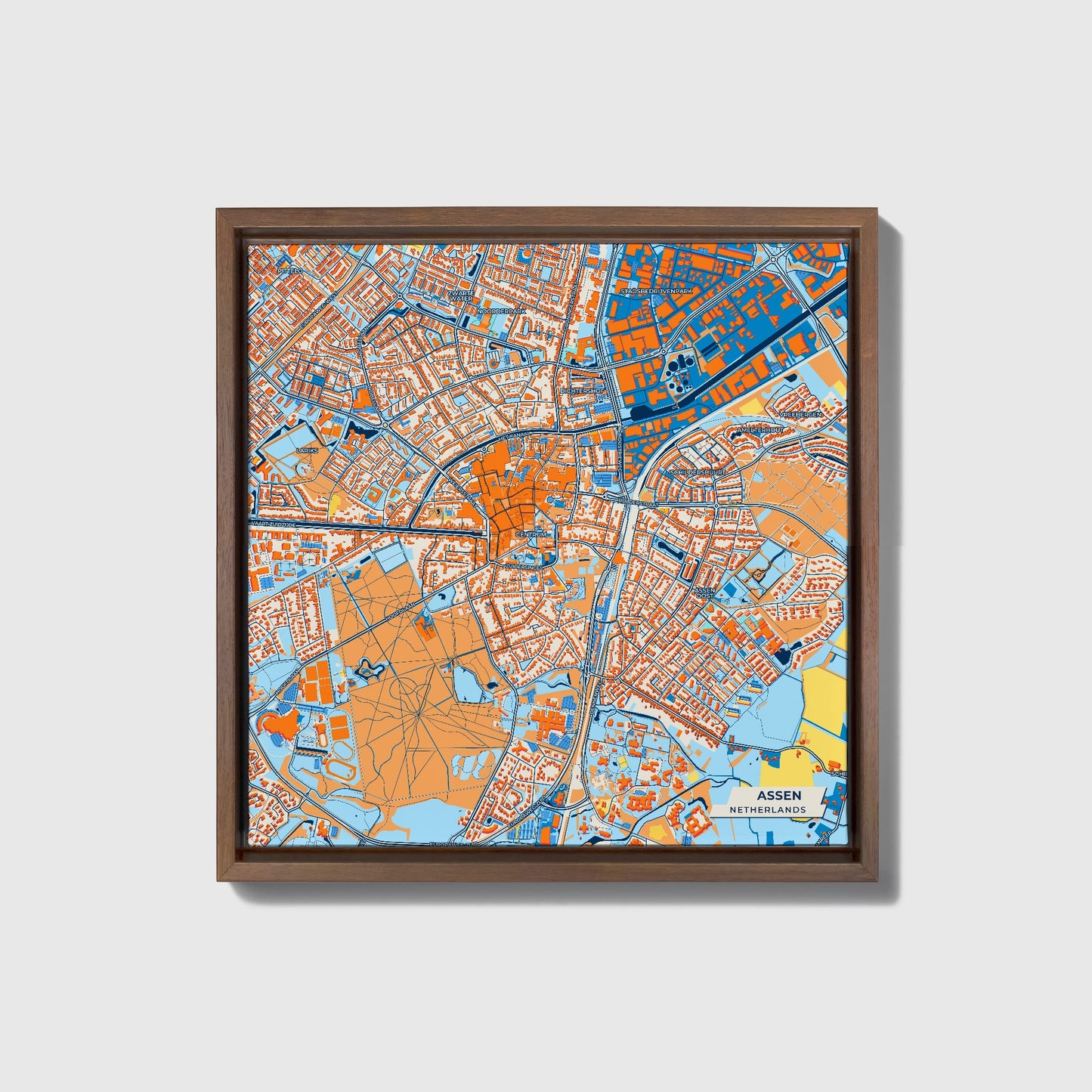 Assen Netherlands Colorful City Map Canvas Print • Dark Wooden Framed