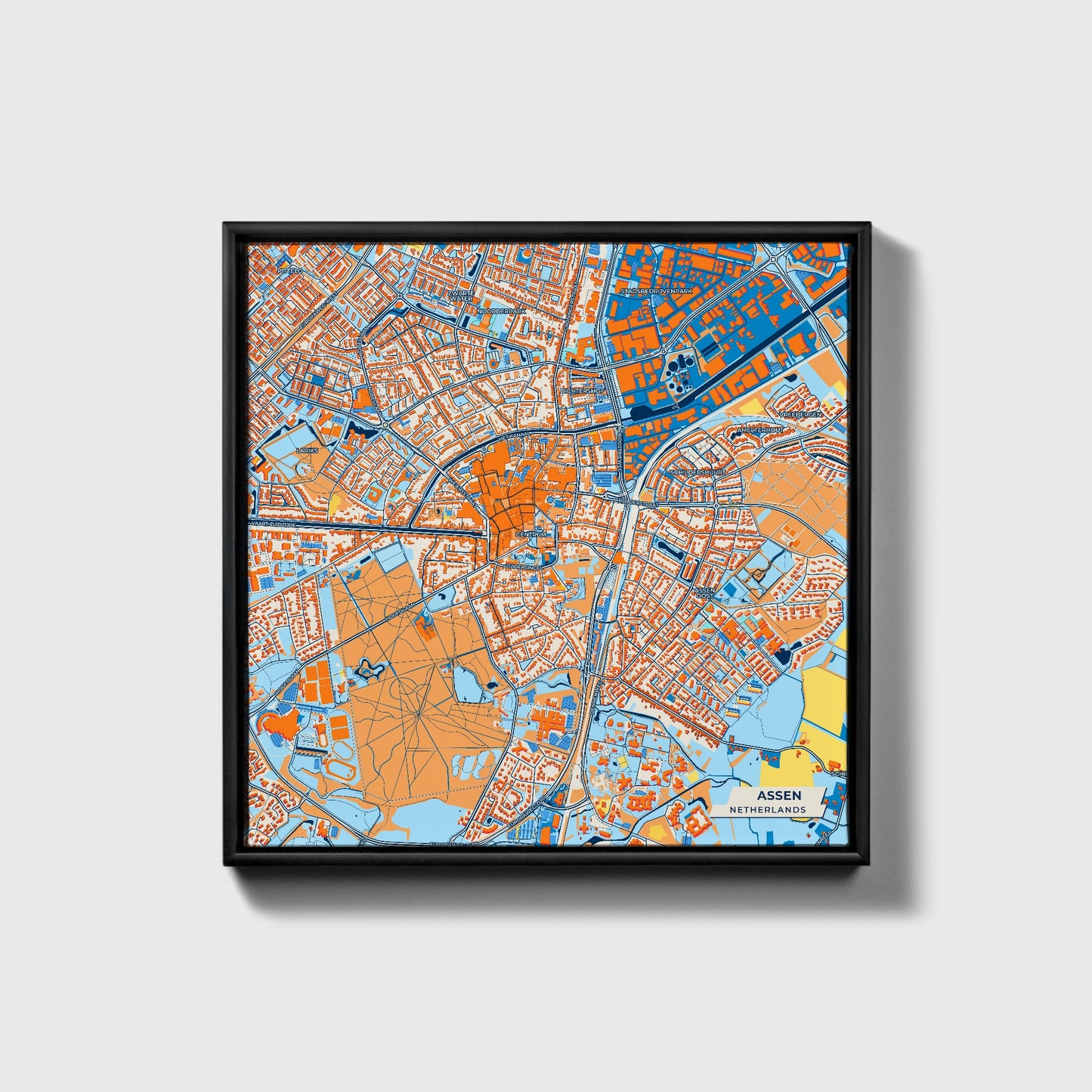 Assen Netherlands Colorful City Map Canvas Print • Black Framed