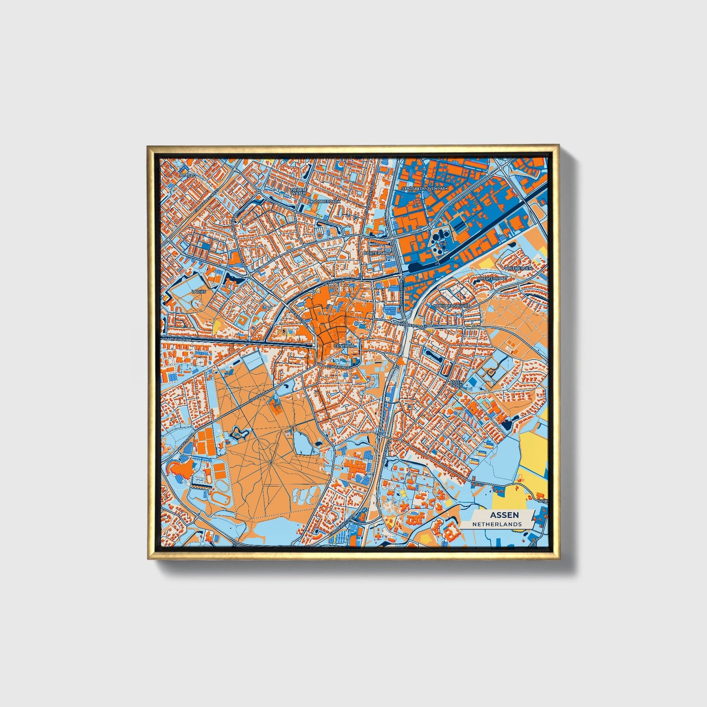 Assen Netherlands Colorful City Map Canvas Print • Gold Framed