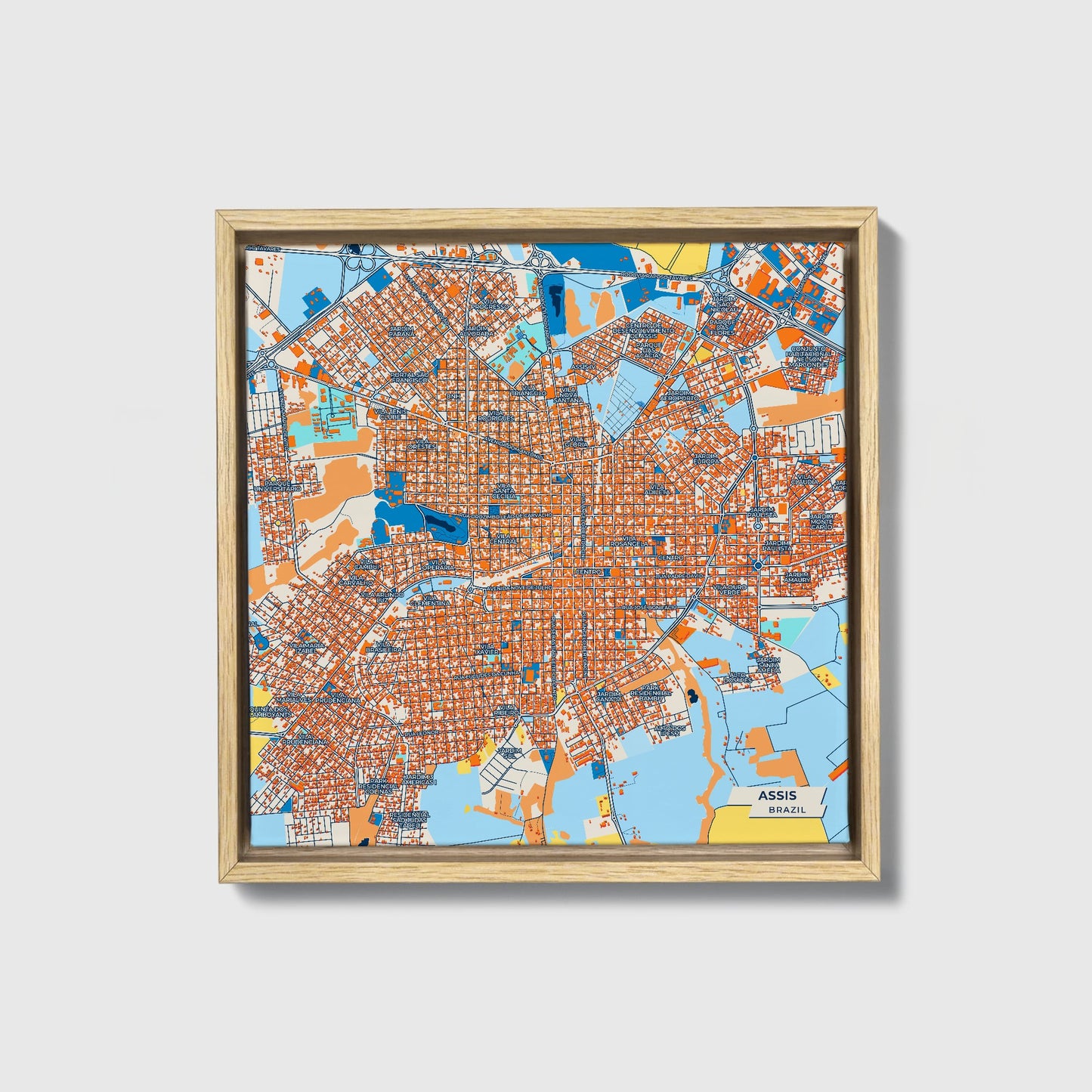Assis Brazil Colorful City Map Canvas Print • Natural Wooden Framed