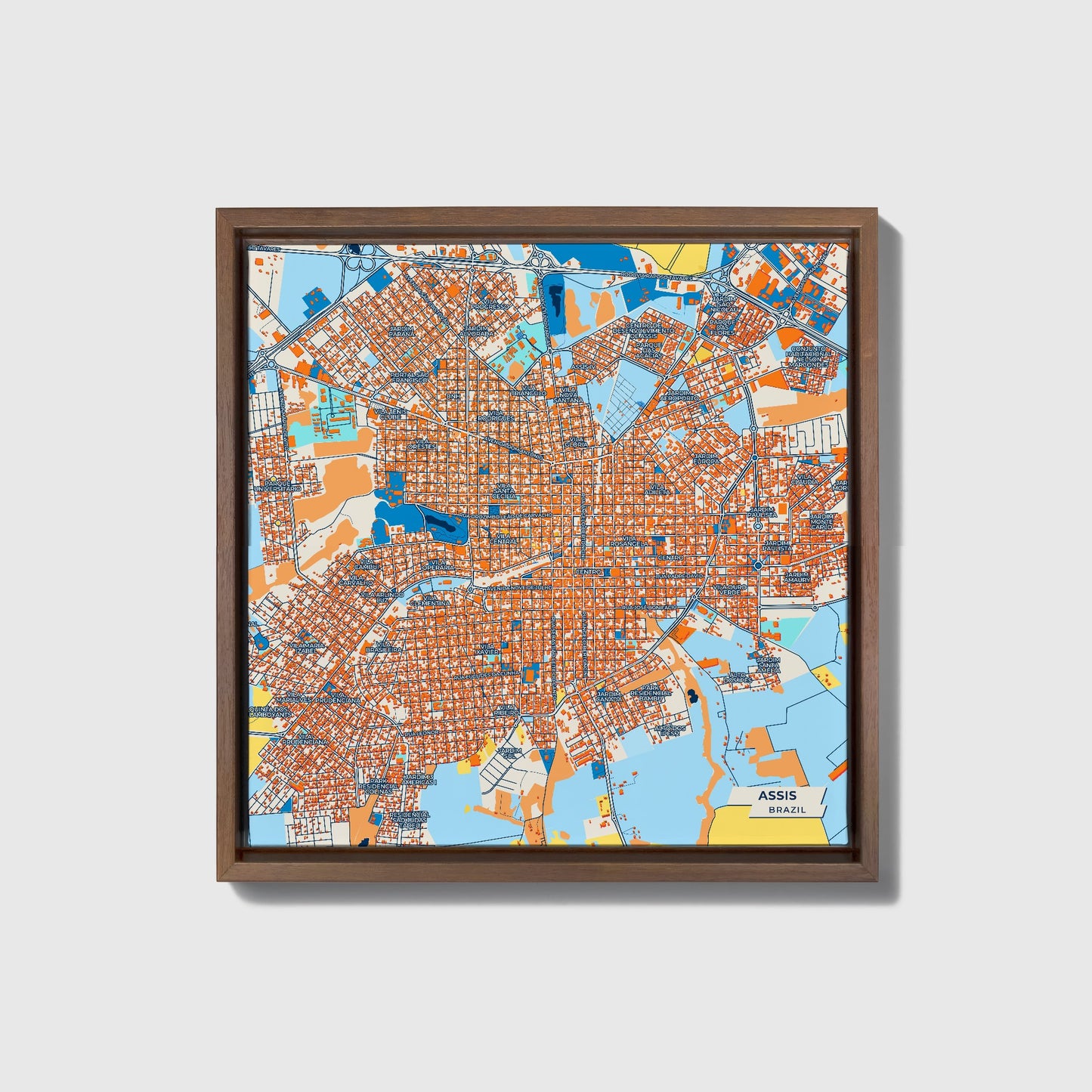 Assis Brazil Colorful City Map Canvas Print • Dark Wooden Framed
