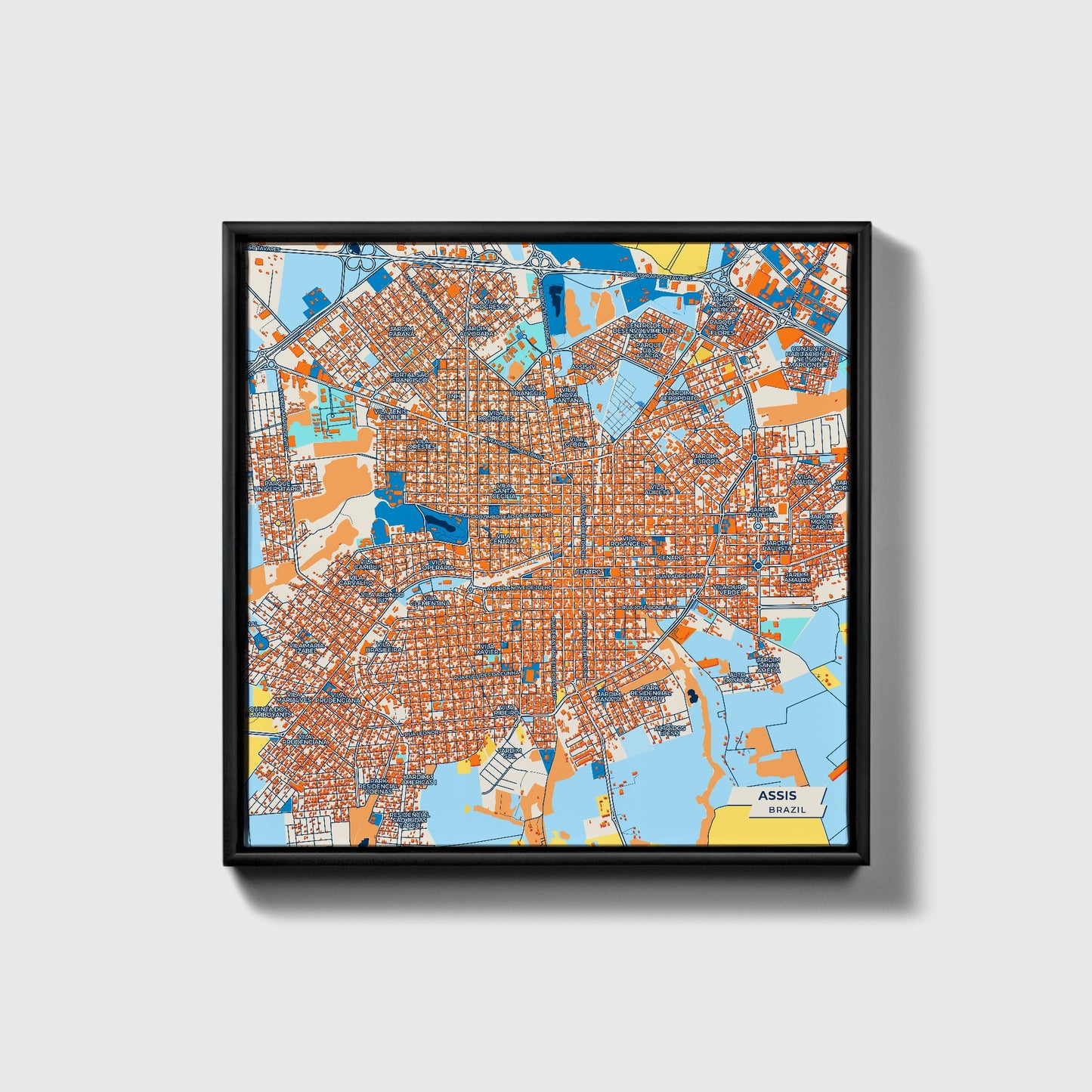 Assis Brazil Colorful City Map Canvas Print • Black Framed