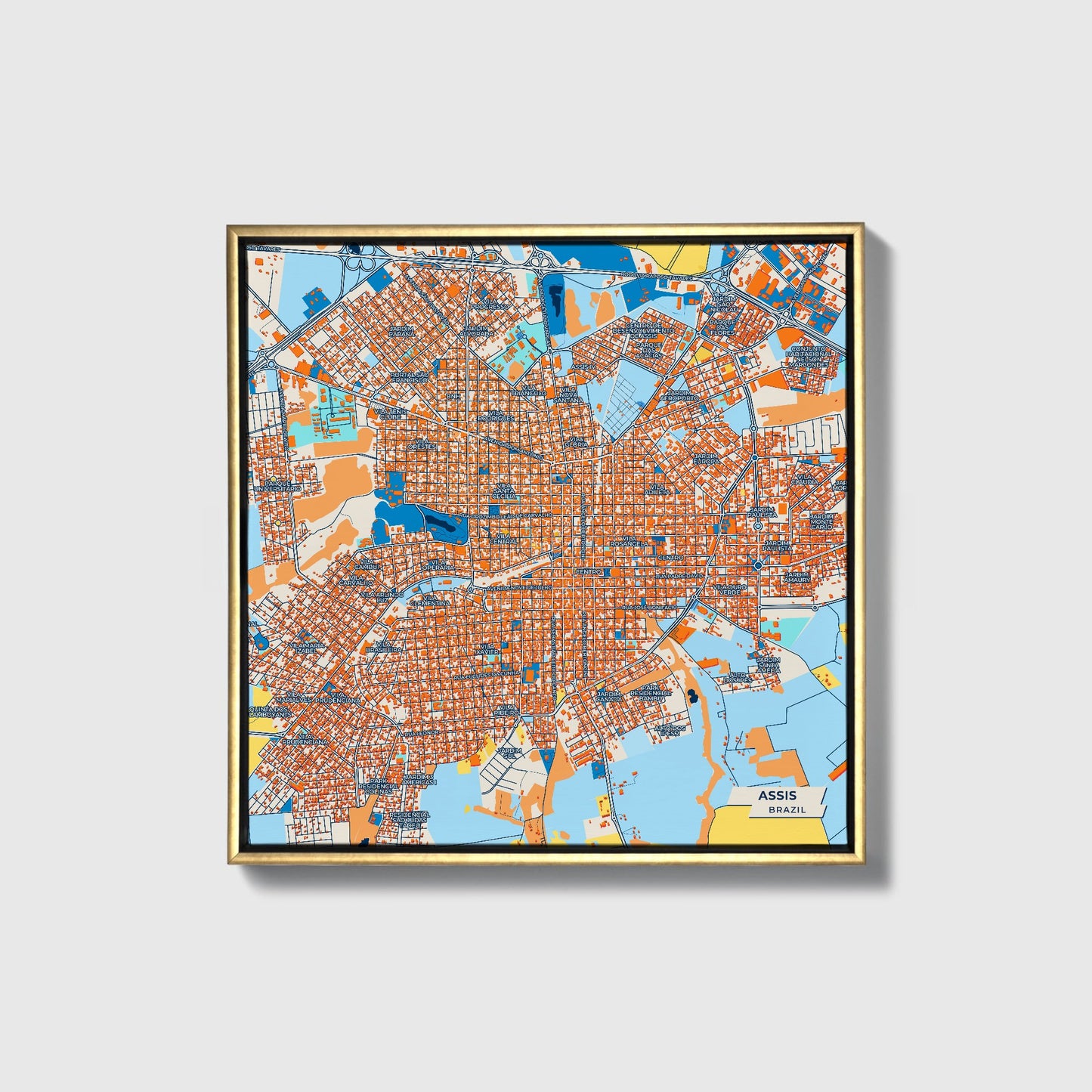 Assis Brazil Colorful City Map Canvas Print • Gold Framed