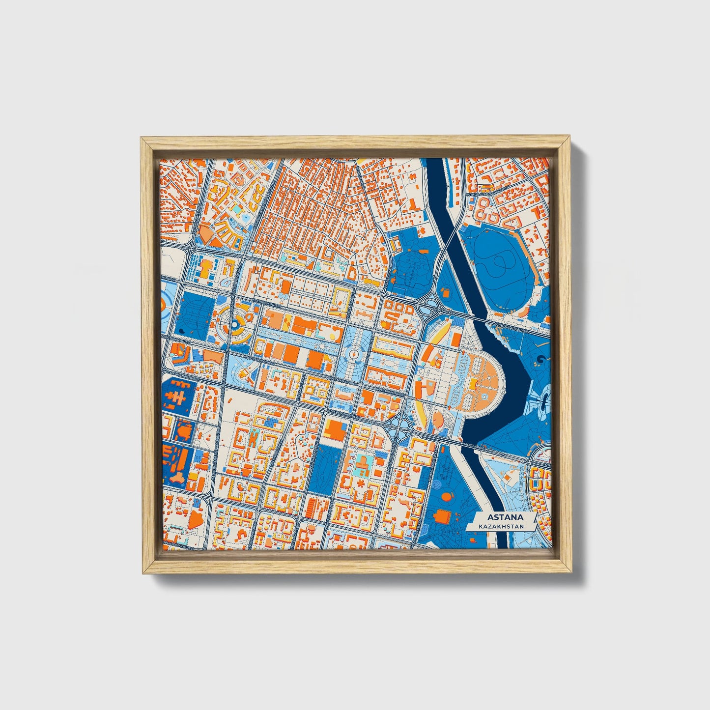 Astana Kazakhstan Colorful City Map Canvas Print • Natural Wooden Framed