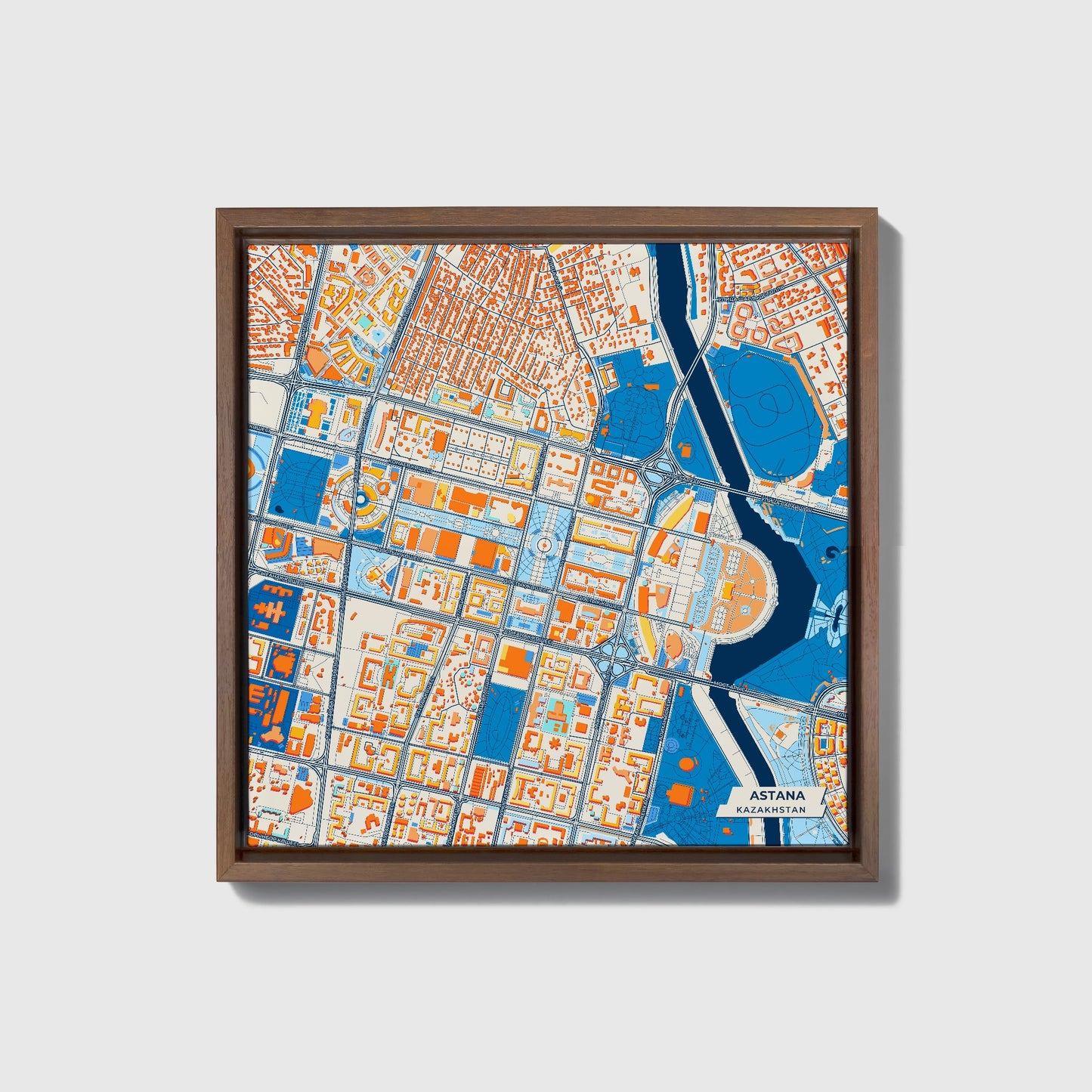 Astana Kazakhstan Colorful City Map Canvas Print • Dark Wooden Framed