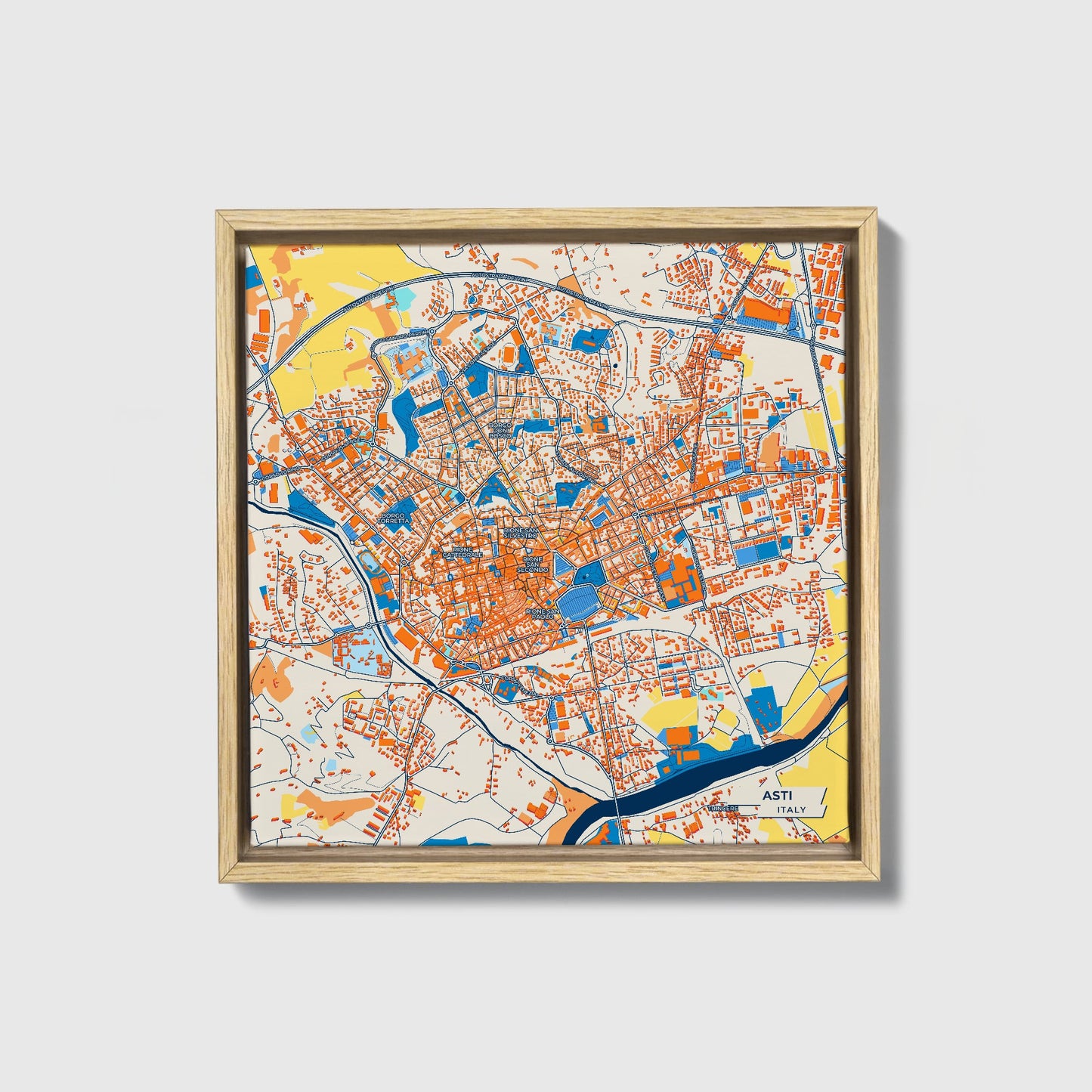 Asti Italy Colorful City Map Canvas Print • Natural Wooden Framed