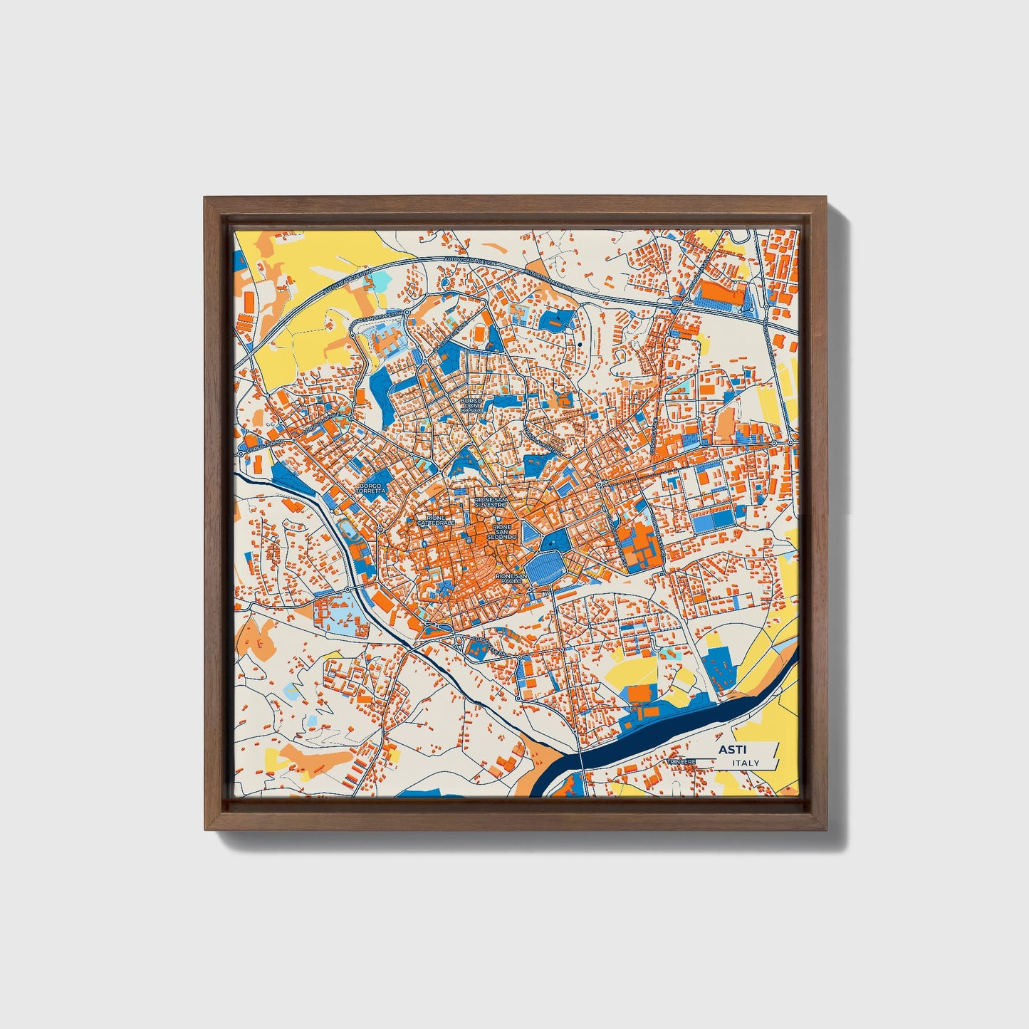 Asti Italy Colorful City Map Canvas Print • Dark Wooden Framed