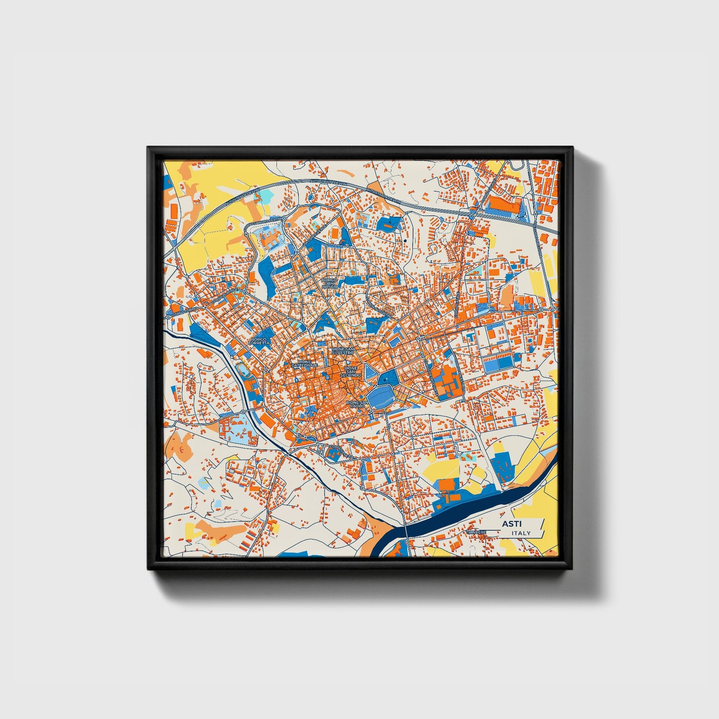 Asti Italy Colorful City Map Canvas Print • Black Framed