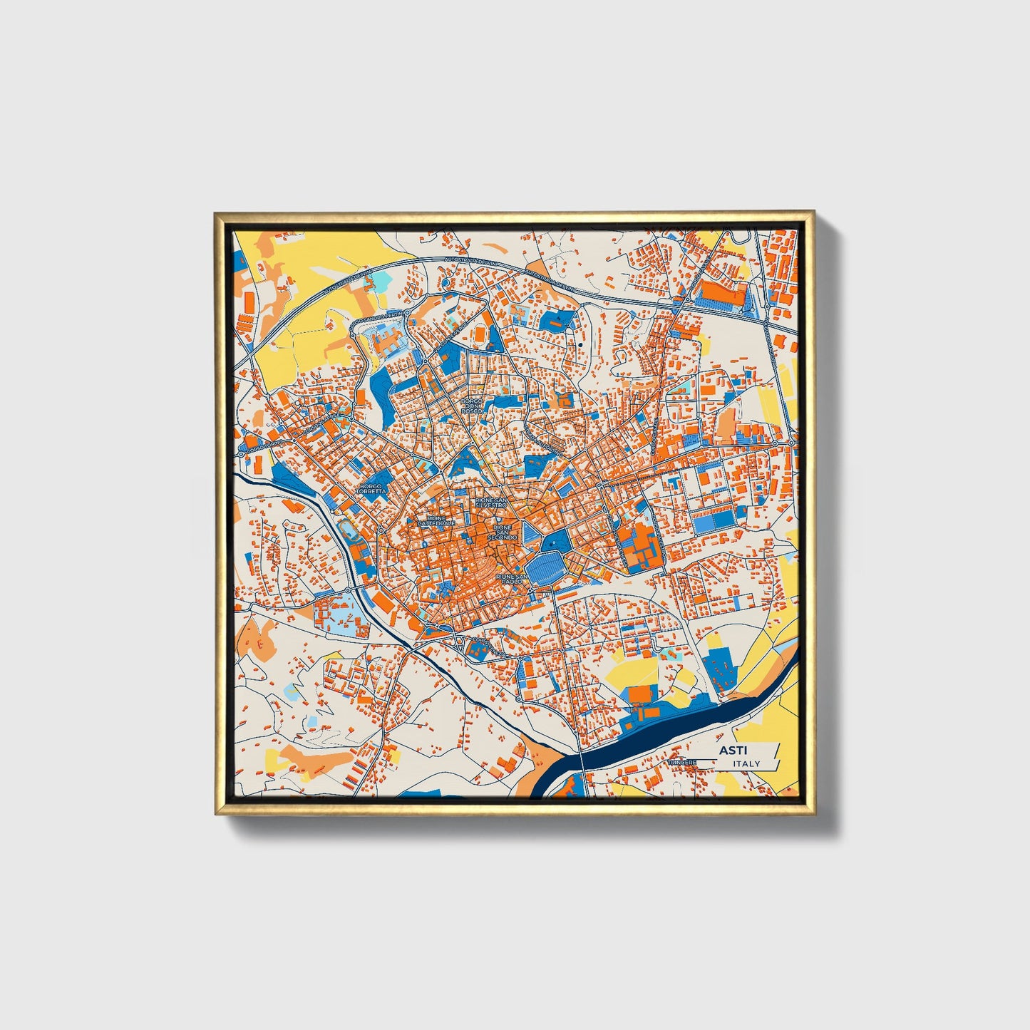 Asti Italy Colorful City Map Canvas Print • Gold Framed